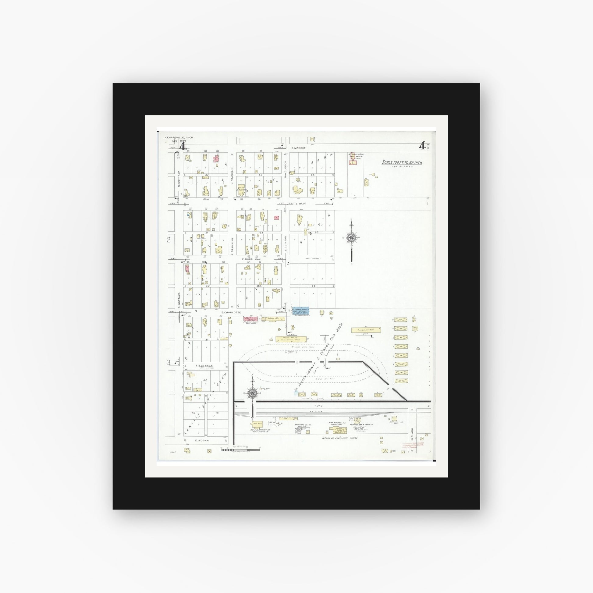 Old map wall art mockup — black gallery frame with white mat — Sanborn Fire Insurance Map from Centreville, Saint Joseph County, Michigan (1939), Sheet #0004