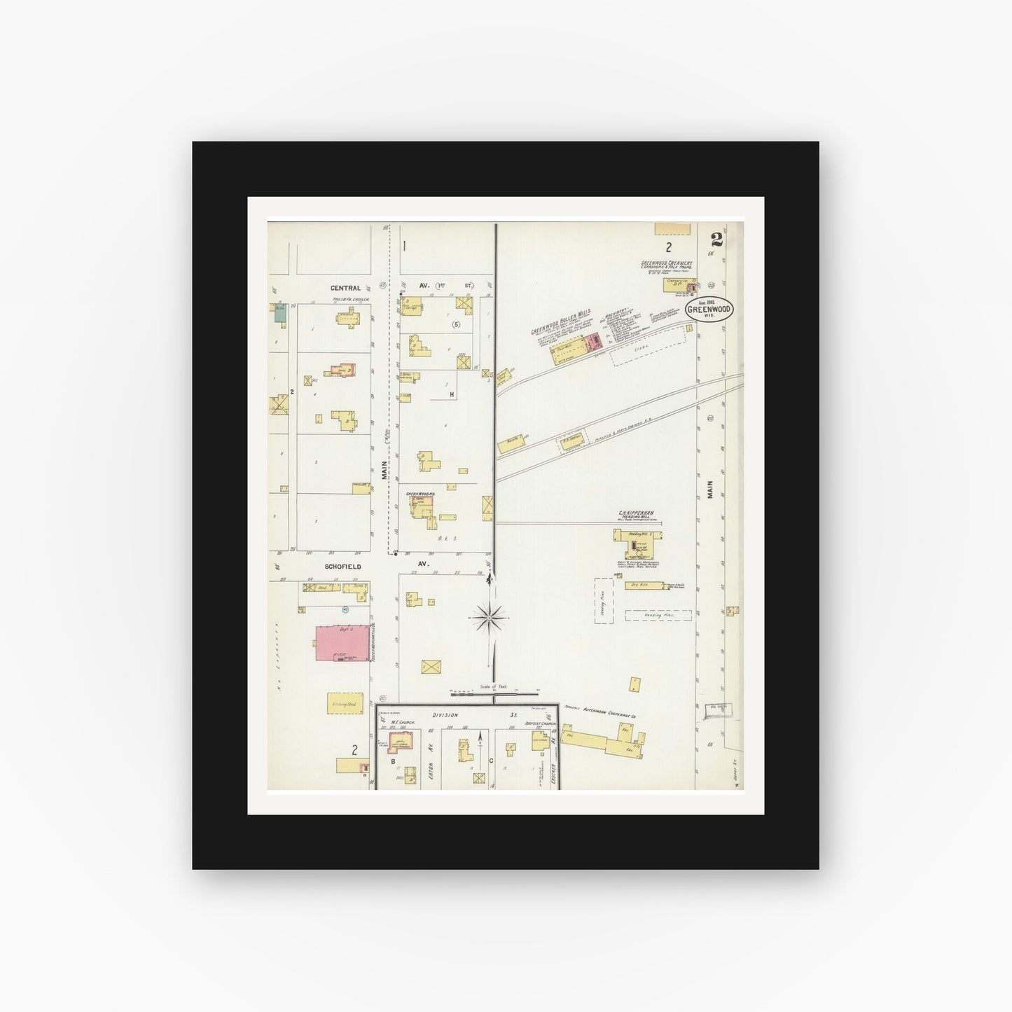 Old map wall art mockup — black gallery frame with white mat — Sanborn Fire Insurance Map from Greenwood, Clark County, Wisconsin (1902), Sheet #0002