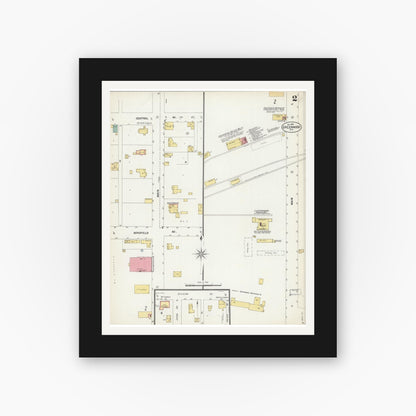 Old map wall art mockup — black gallery frame with white mat — Sanborn Fire Insurance Map from Greenwood, Clark County, Wisconsin (1902), Sheet #0002