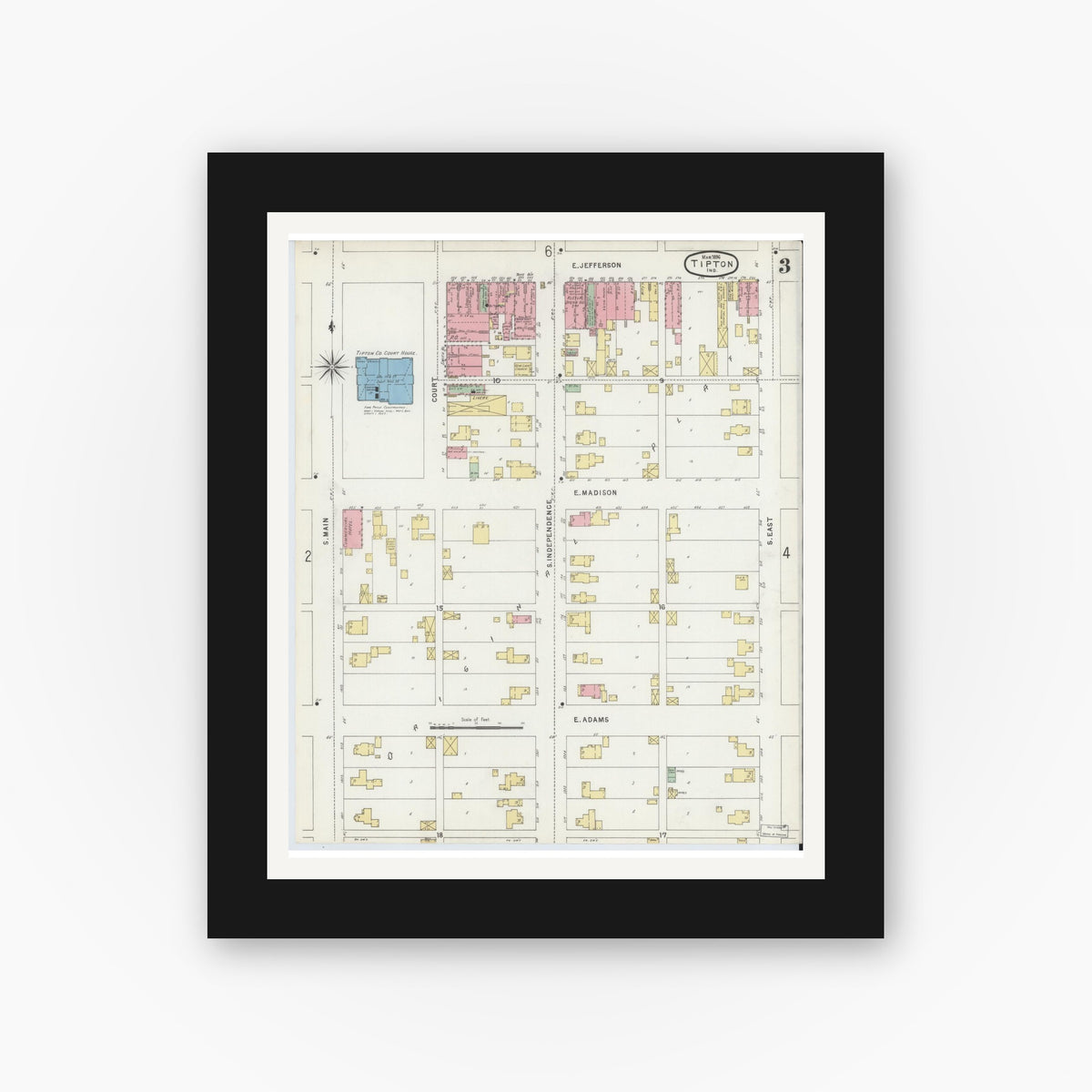 Old map wall art mockup — black gallery frame with white mat — Sanborn Fire Insurance Map from Tipton, Tipton County, Indiana (1896), Sheet #0003