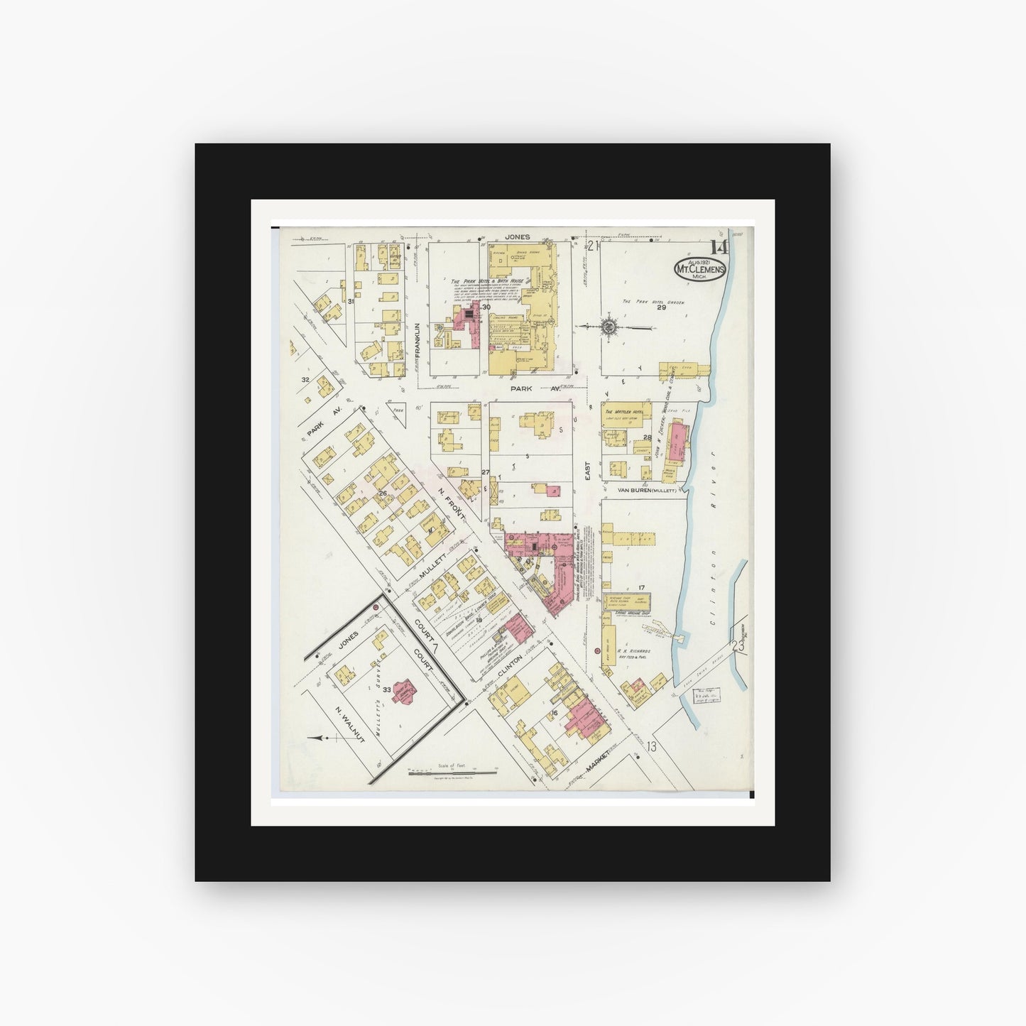 Old map wall art mockup — black gallery frame with white mat — Sanborn Fire Insurance Map from Mount Clemens, Macomb County, Michigan (1921), Sheet #0014