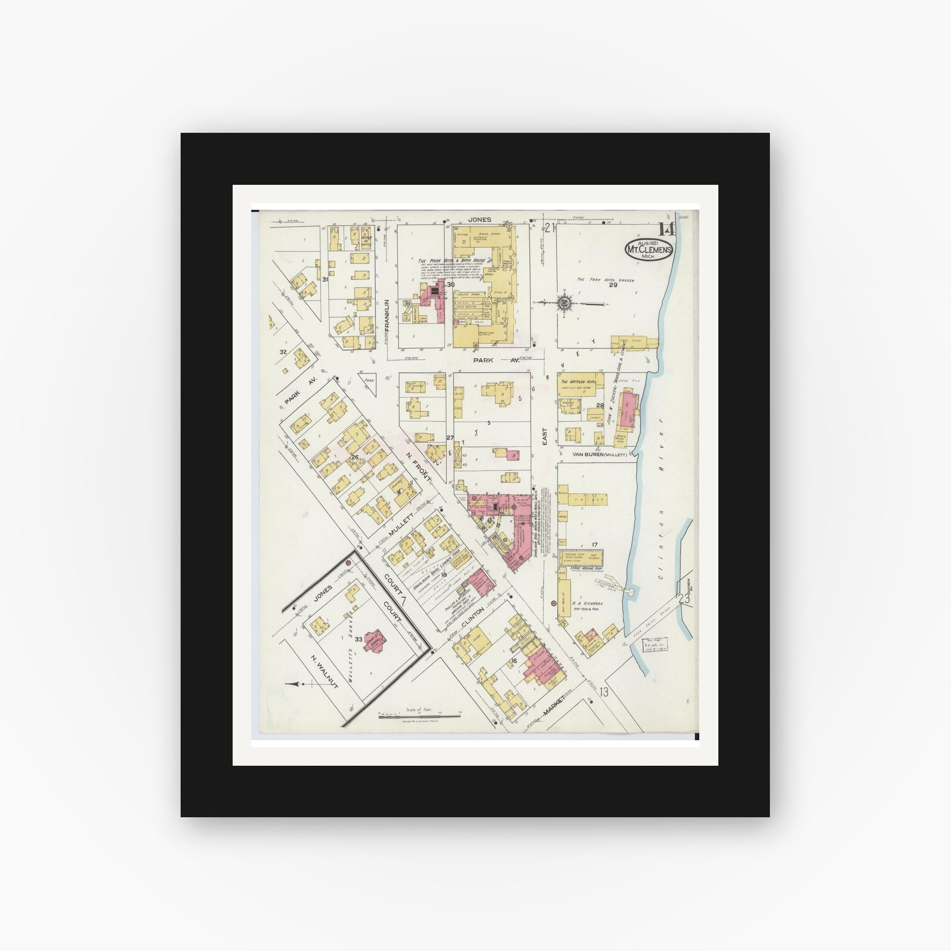 Old map wall art mockup — black gallery frame with white mat — Sanborn Fire Insurance Map from Mount Clemens, Macomb County, Michigan (1921), Sheet #0014
