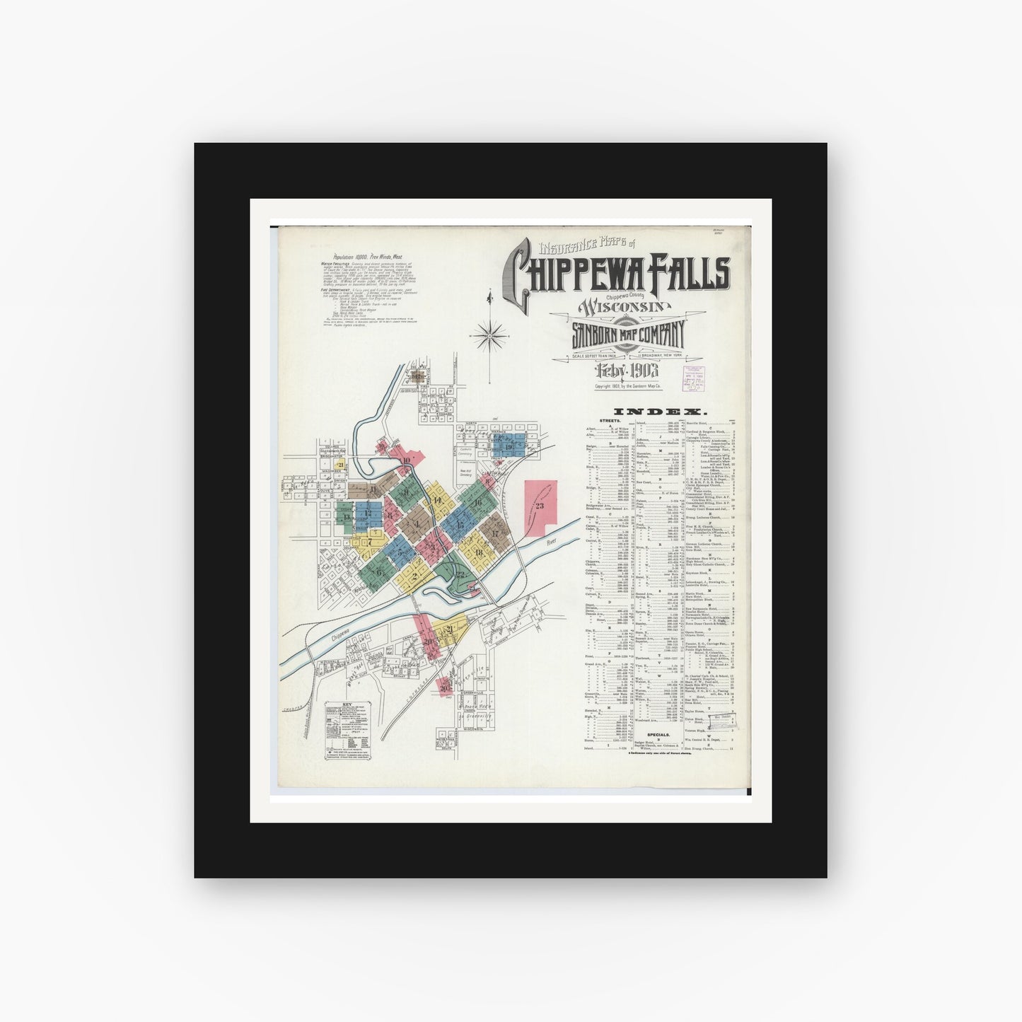 Old map wall art mockup — black gallery frame with white mat — Sanborn Fire Insurance Map from Chippewa Falls, Chippewa County, Wisconsin (1903) - Complete Map Set