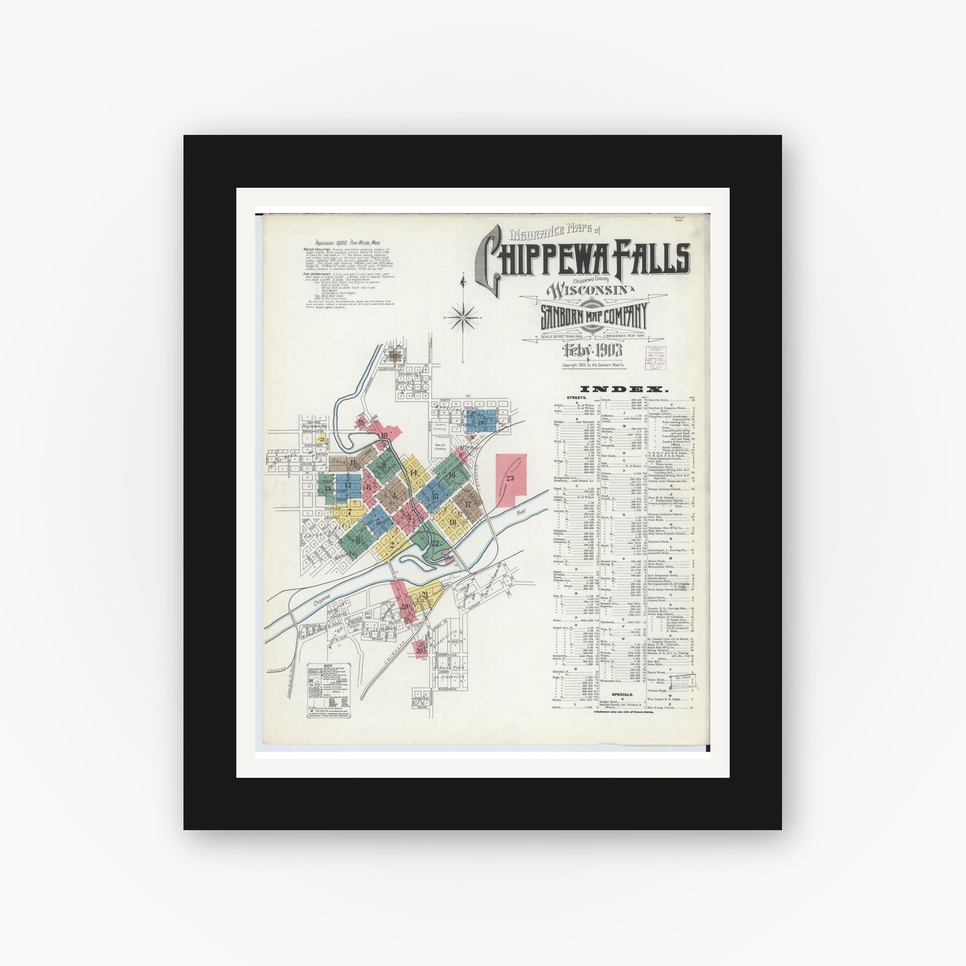 Old map wall art mockup — black gallery frame with white mat — Sanborn Fire Insurance Map from Chippewa Falls, Chippewa County, Wisconsin (1903) - Complete Map Set