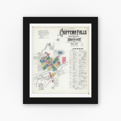 Old map wall art mockup — black gallery frame with white mat — Sanborn Fire Insurance Map from Chippewa Falls, Chippewa County, Wisconsin (1903) - Complete Map Set