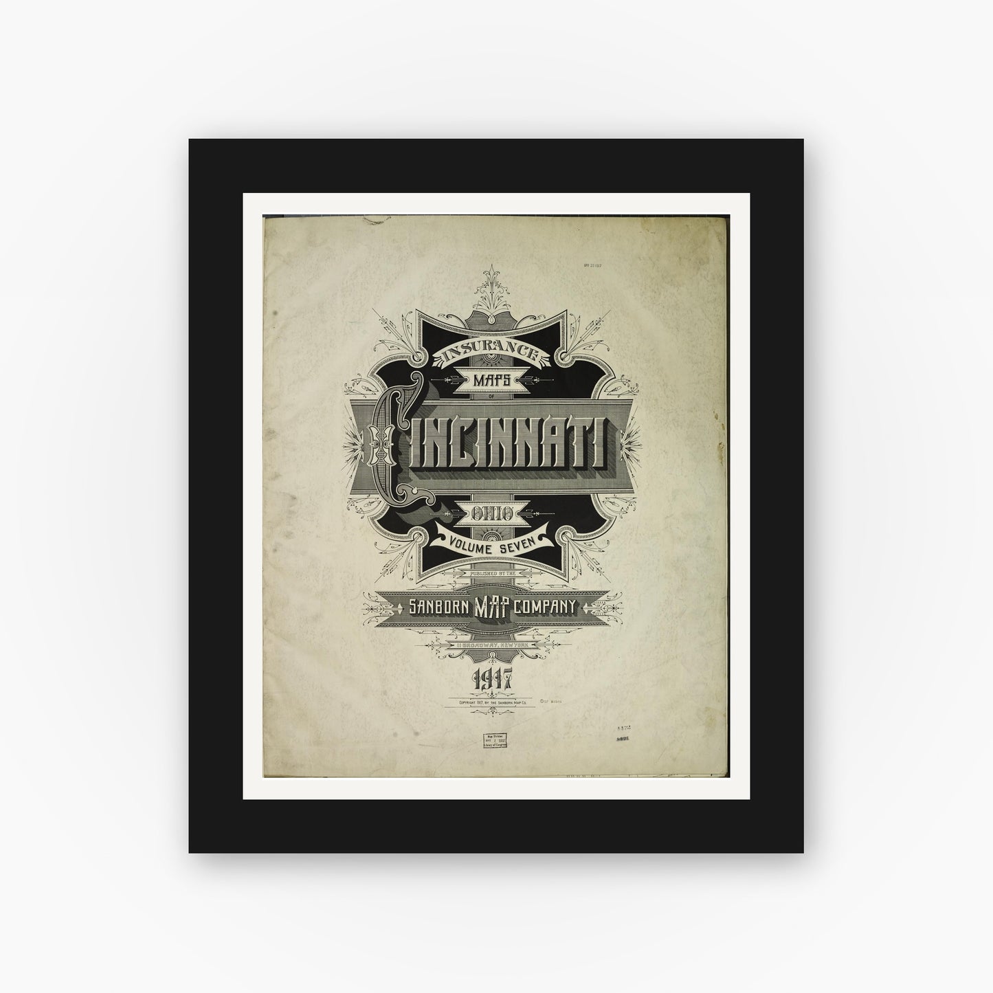 Old map wall art mockup — black gallery frame with white mat — Sanborn Fire Insurance Map from Cincinnati, Hamilton County, Ohio (1917), Sheet #0001