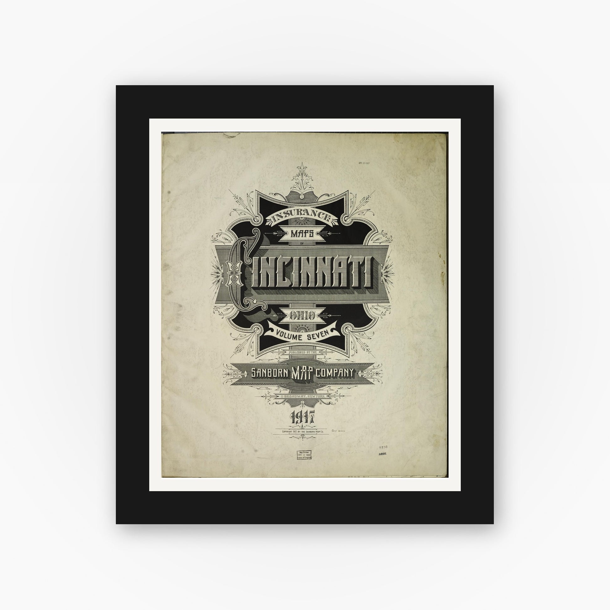 Old map wall art mockup — black gallery frame with white mat — Sanborn Fire Insurance Map from Cincinnati, Hamilton County, Ohio (1917), Sheet #0001
