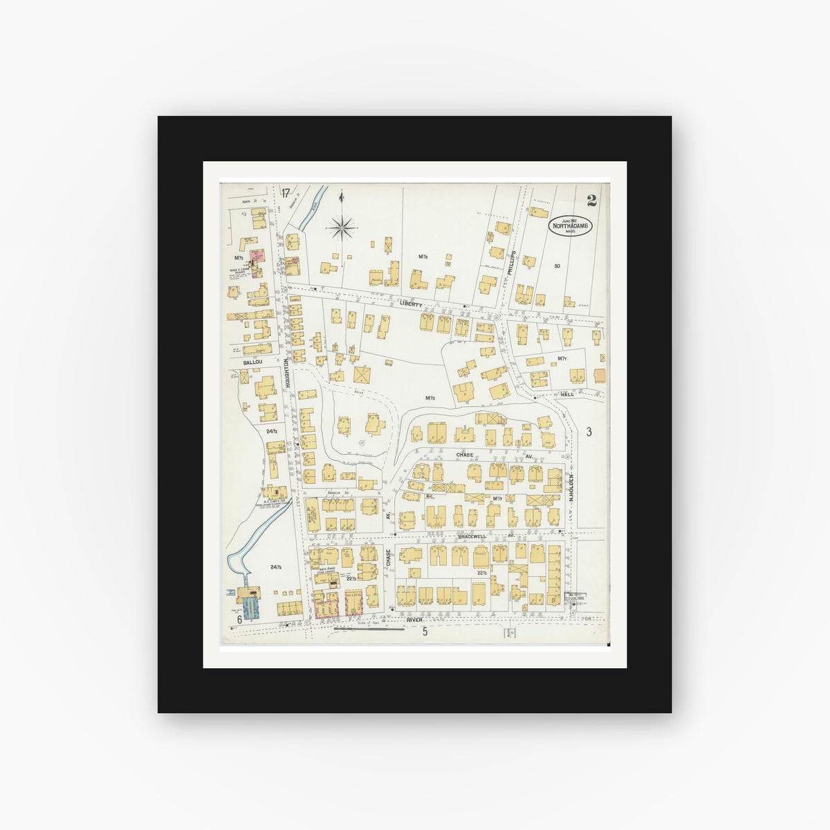 Old map wall art mockup — black gallery frame with white mat — Sanborn Fire Insurance Map from North Adams, Berkshire County, Massachusetts (1901), Sheet #0002