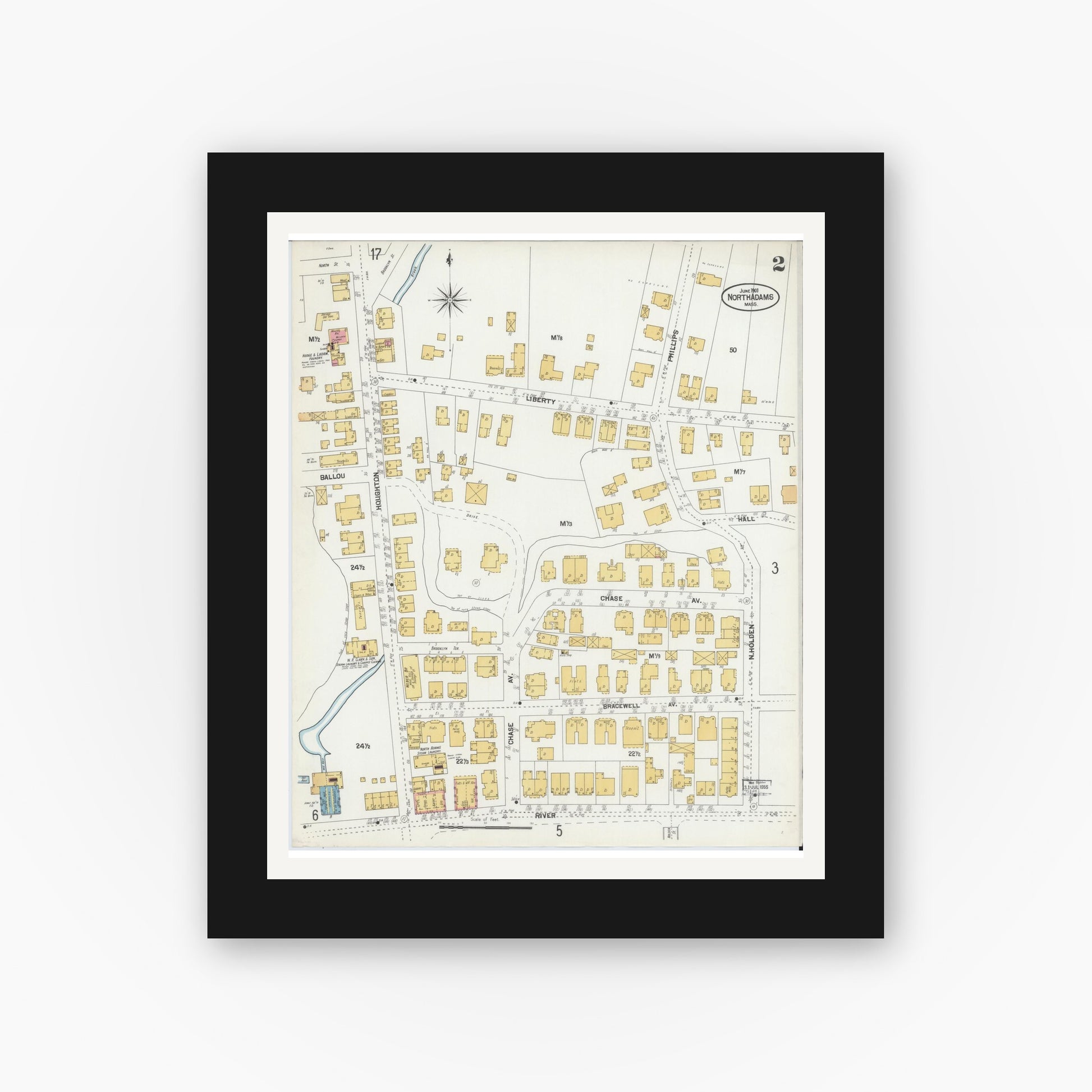 Old map wall art mockup — black gallery frame with white mat — Sanborn Fire Insurance Map from North Adams, Berkshire County, Massachusetts (1901), Sheet #0002