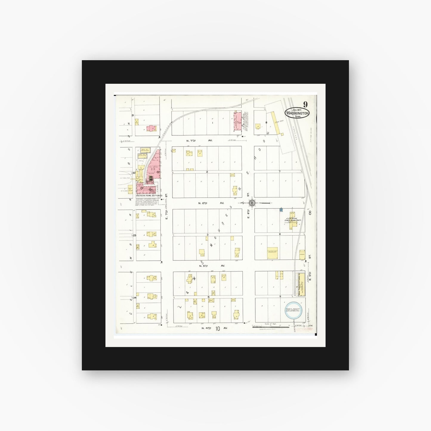 Old map wall art mockup — black gallery frame with white mat — Sanborn Fire Insurance Map from Washington, Washington County, Iowa (1917), Sheet #0009
