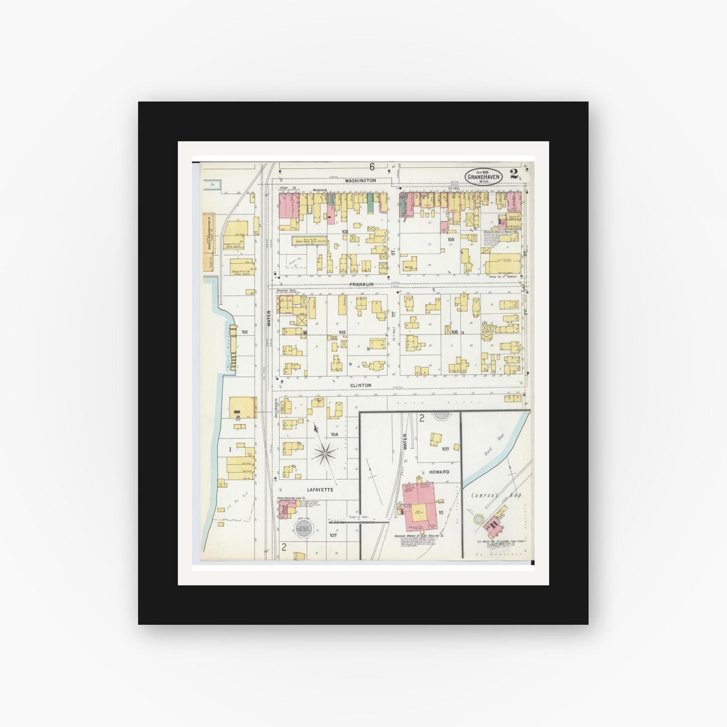 Old map wall art mockup — black gallery frame with white mat — Sanborn Fire Insurance Map from Grand Haven, Ottawa County, Michigan (1899), Sheet #0002