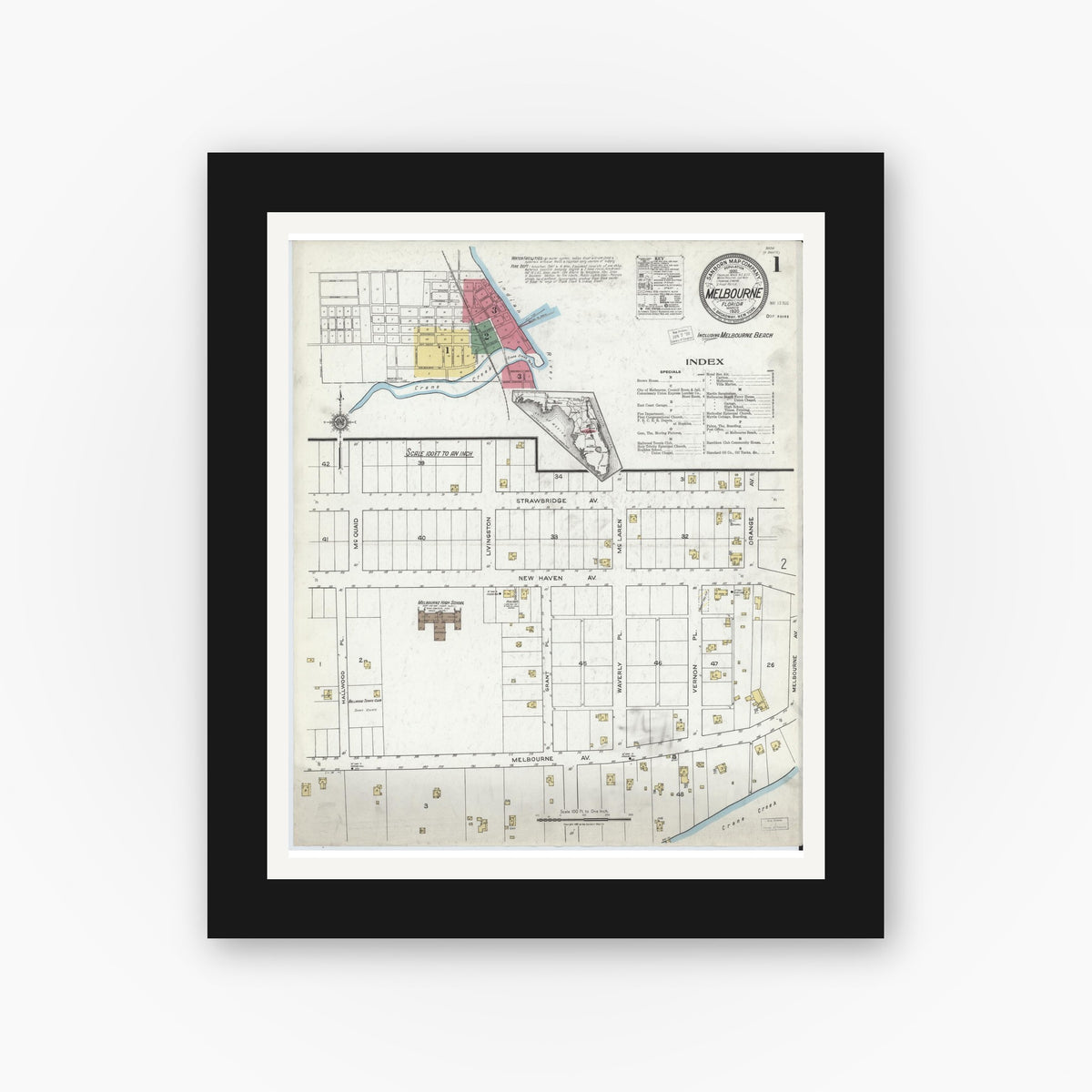 Old map wall art mockup — black gallery frame with white mat — Sanborn Fire Insurance Map from Melbourne, Brevard County, Florida (1920) - Complete Map Set