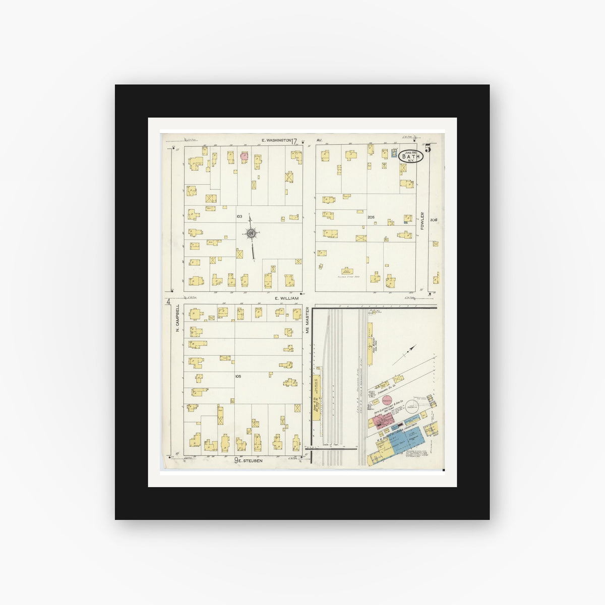 Old map wall art mockup — black gallery frame with white mat — Sanborn Fire Insurance Map from Bath, Steuben County, New York (1915), Sheet #0005
