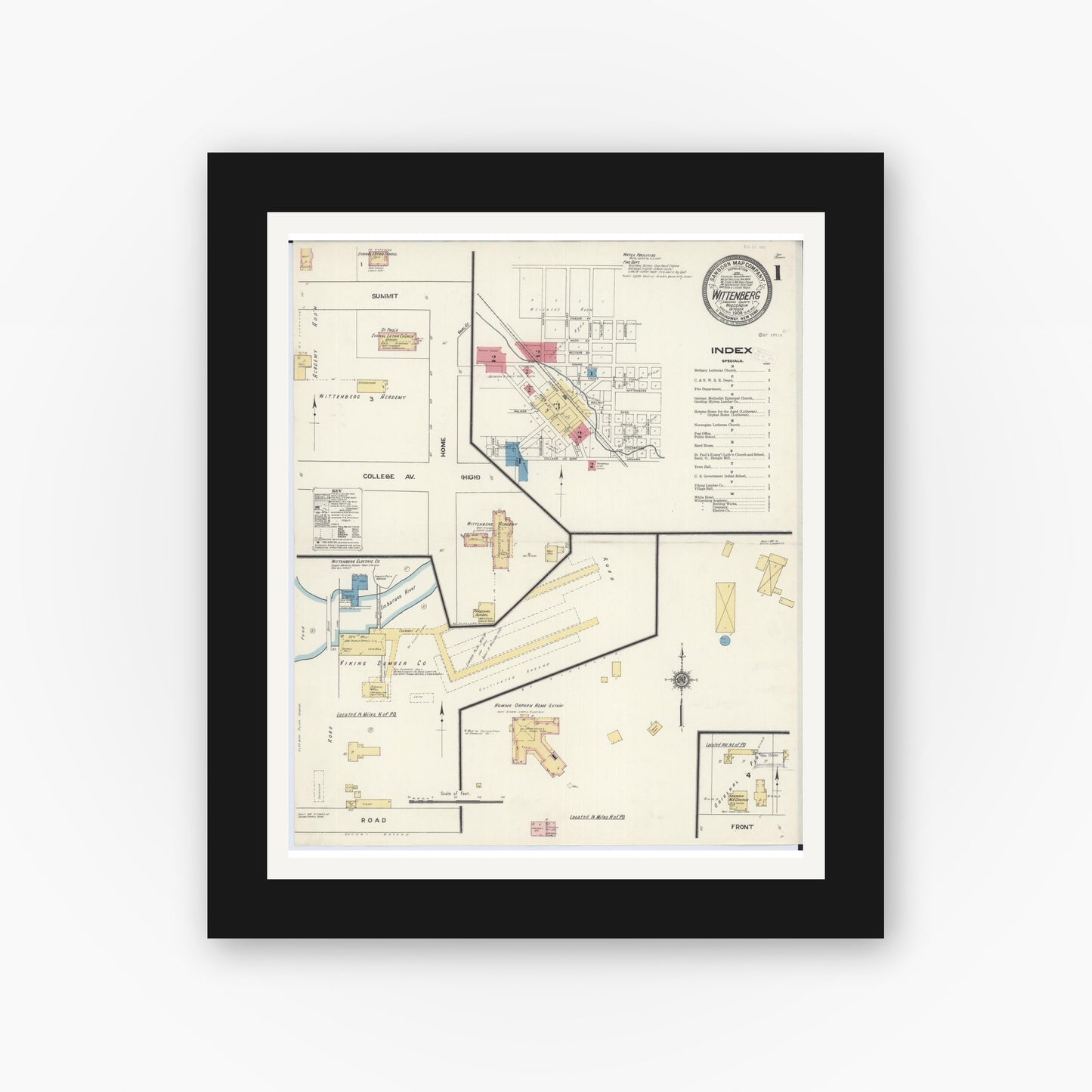 Old map wall art mockup — black gallery frame with white mat — Sanborn Fire Insurance Map from Wittenberg, Shawano County, Wisconsin (1909) - Complete Map Set