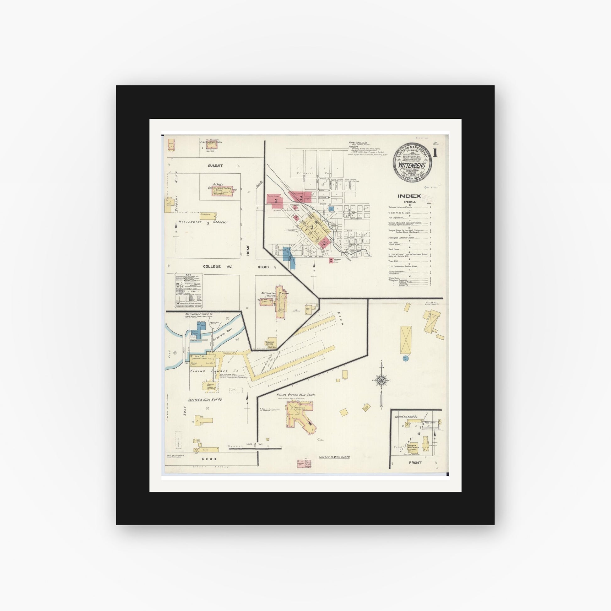 Old map wall art mockup — black gallery frame with white mat — Sanborn Fire Insurance Map from Wittenberg, Shawano County, Wisconsin (1909) - Complete Map Set