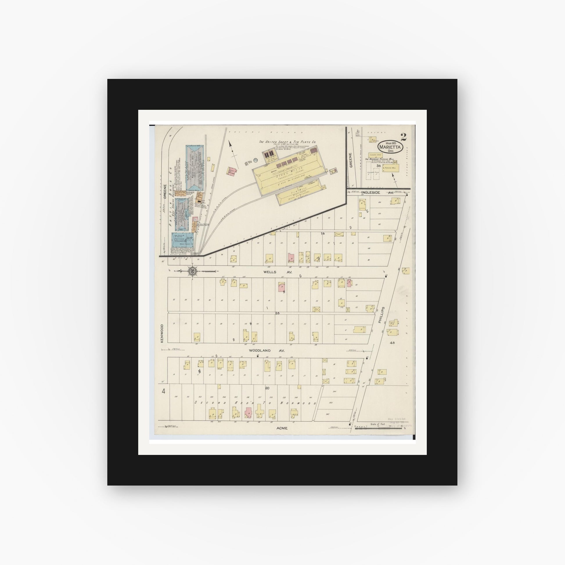 Old map wall art mockup — black gallery frame with white mat — Sanborn Fire Insurance Map from Marietta, Washington County, Ohio (1915), Sheet #0002