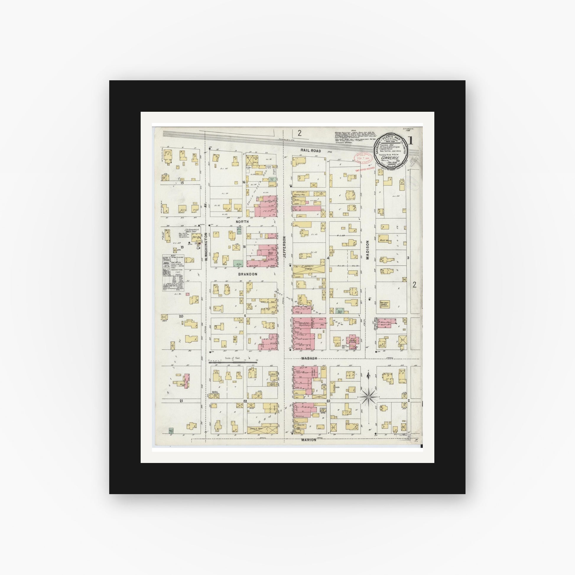 Old map wall art mockup — black gallery frame with white mat — Sanborn Fire Insurance Map from Converse, Miami County, Indiana (1898) - Complete Map Set