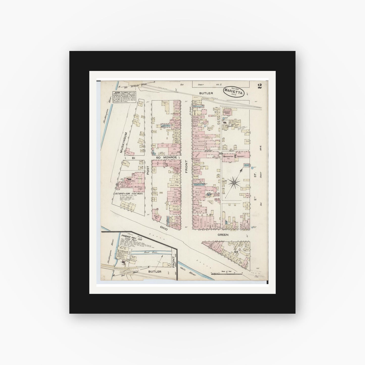 Old map wall art mockup — black gallery frame with white mat — Sanborn Fire Insurance Map from Marietta, Washington County, Ohio (1884), Sheet #0002