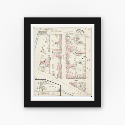 Old map wall art mockup — black gallery frame with white mat — Sanborn Fire Insurance Map from Marietta, Washington County, Ohio (1884), Sheet #0002