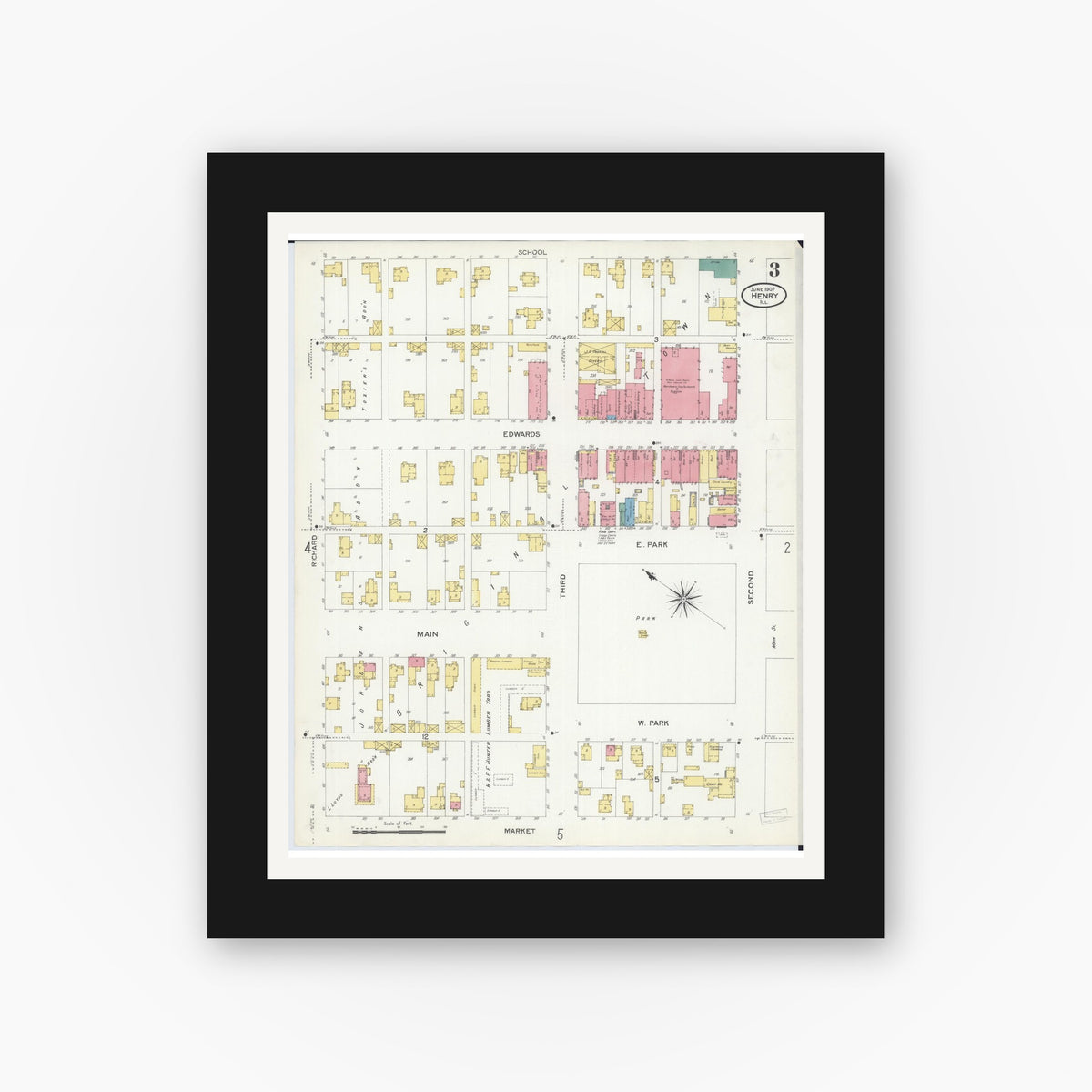 Old map wall art mockup — black gallery frame with white mat — Sanborn Fire Insurance Map from Henry, Marshall County, Illinois (1907), Sheet #0003