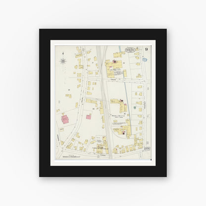 Old map wall art mockup — black gallery frame with white mat — Sanborn Fire Insurance Map from Woburn, Middlesex County, Massachusetts (1894), Sheet #0009