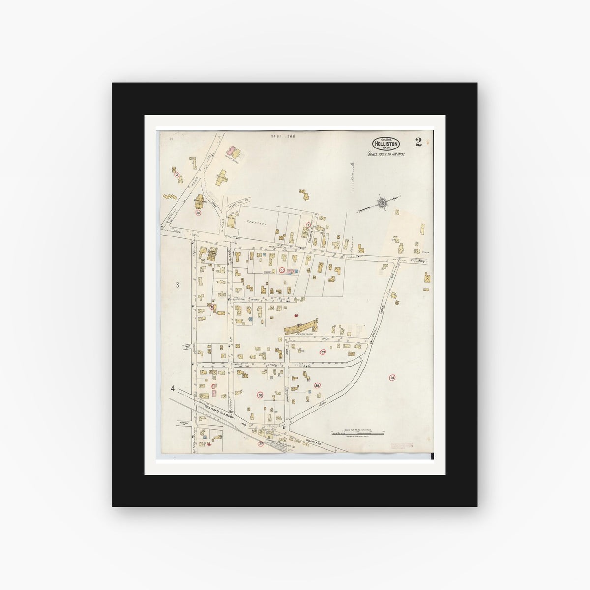 Old map wall art mockup — black gallery frame with white mat — Sanborn Fire Insurance Map from Holliston, Middlesex County, Massachusetts (1942), Sheet #0002