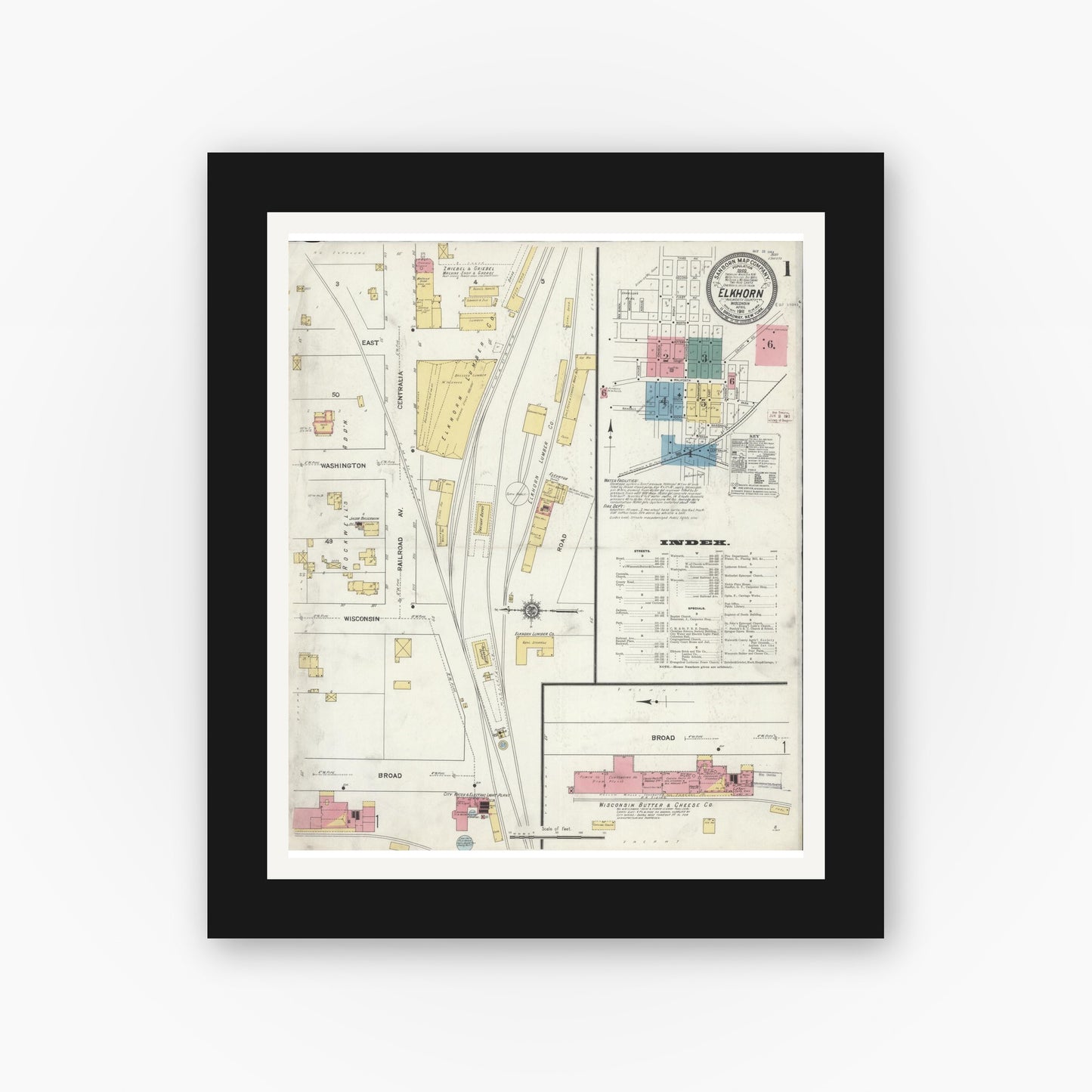 Old map wall art mockup — black gallery frame with white mat — Sanborn Fire Insurance Map from Elkhorn, Walworth County, Wisconsin (1911) - Complete Map Set