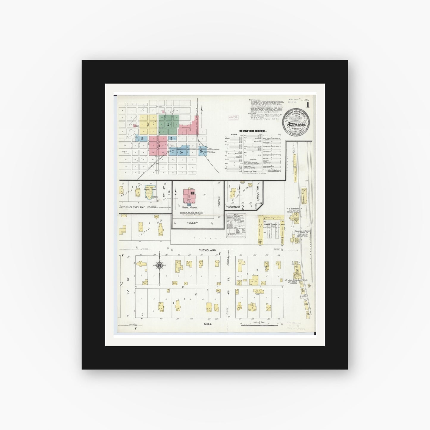 Old map wall art mockup — black gallery frame with white mat — Sanborn Fire Insurance Map from Winnebago, Faribault County, Minnesota (1911) - Complete Map Set