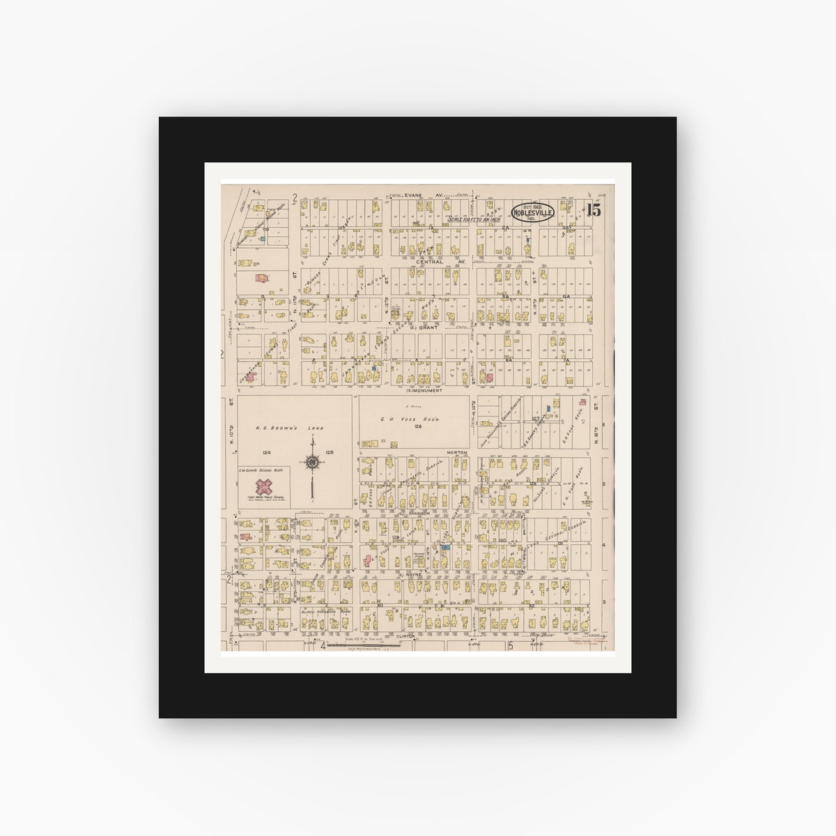 Old map wall art mockup — black gallery frame with white mat — Sanborn Fire Insurance Map from Noblesville, Hamilton County, Indiana (1922), Sheet #0015