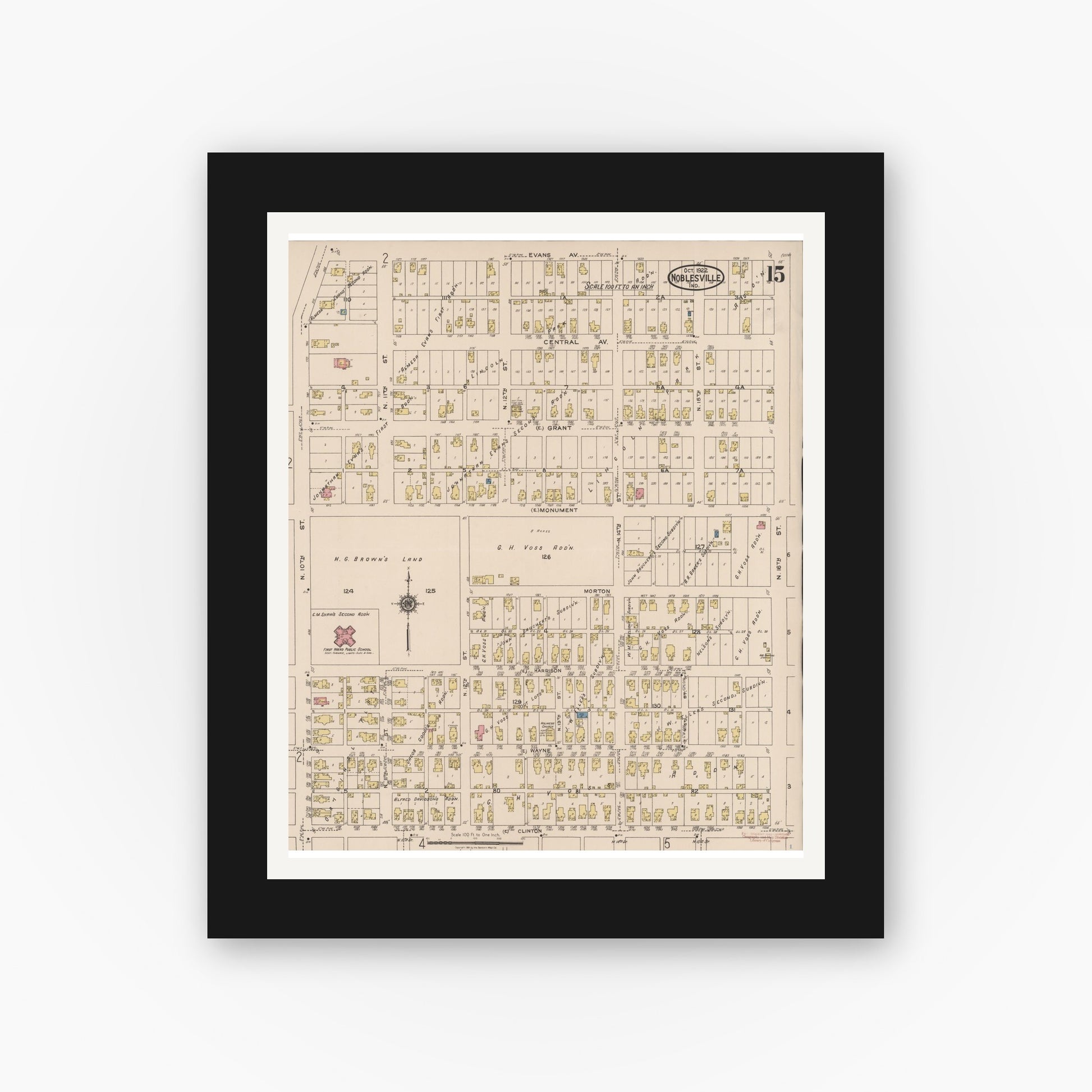 Old map wall art mockup — black gallery frame with white mat — Sanborn Fire Insurance Map from Noblesville, Hamilton County, Indiana (1922), Sheet #0015