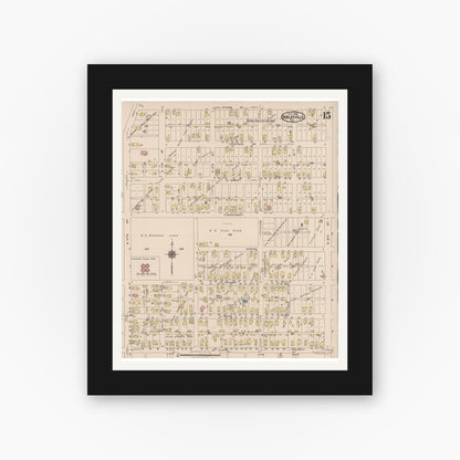 Old map wall art mockup — black gallery frame with white mat — Sanborn Fire Insurance Map from Noblesville, Hamilton County, Indiana (1922), Sheet #0015