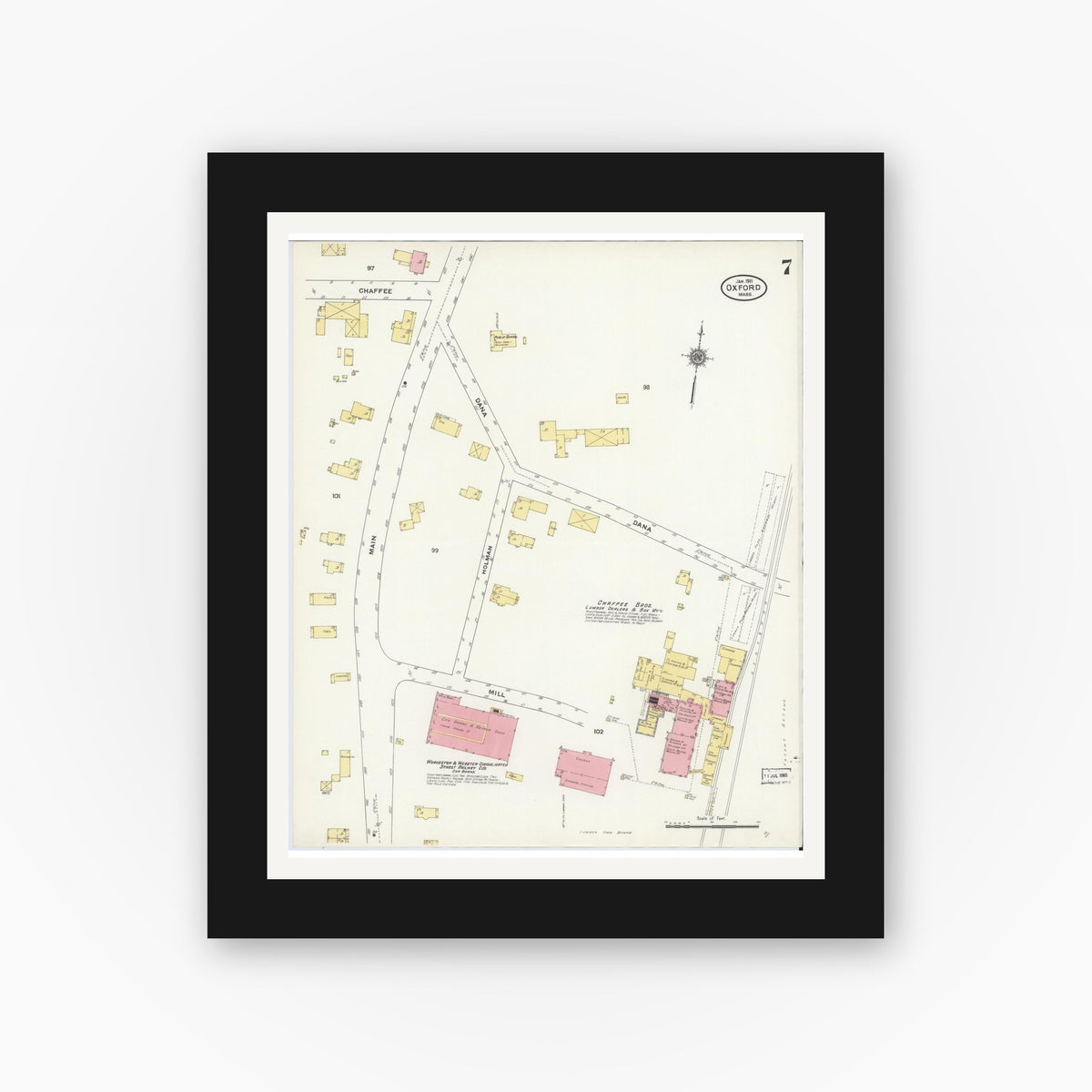 Old map wall art mockup — black gallery frame with white mat — Sanborn Fire Insurance Map from Oxford, Worcester County, Massachusetts (1911), Sheet #0007