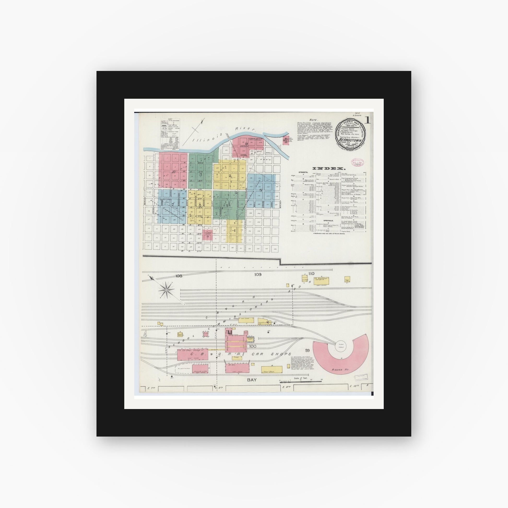 Old map wall art mockup — black gallery frame with white mat — Sanborn Fire Insurance Map from Beardstown, Cass County, Illinois (1894) - Complete Map Set