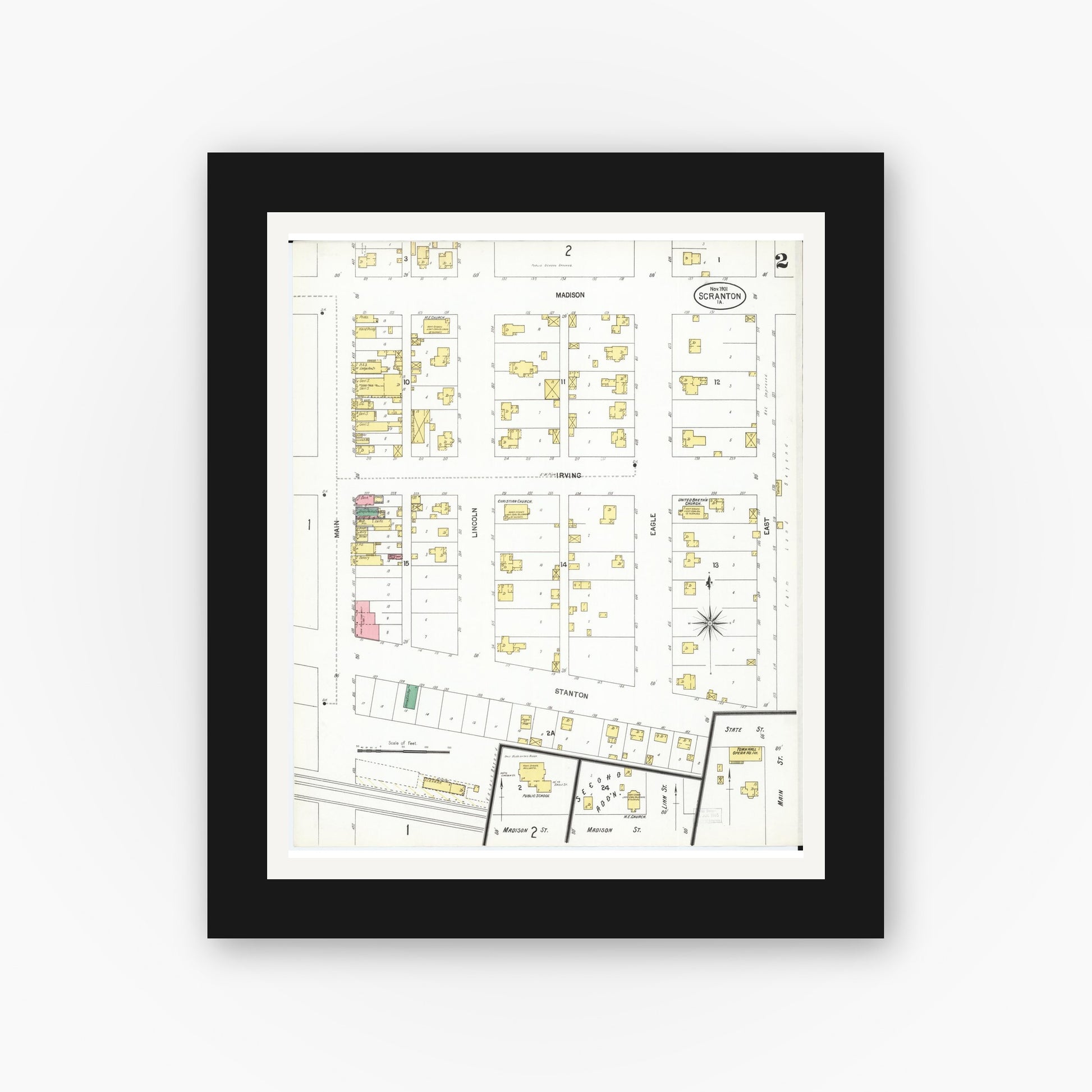Old map wall art mockup — black gallery frame with white mat — Sanborn Fire Insurance Map from Scranton, Greene County, Iowa (1901), Sheet #0002