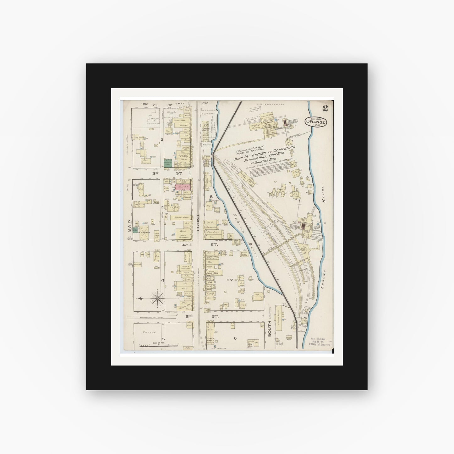 Old map wall art mockup — black gallery frame with white mat — Sanborn Fire Insurance Map from Orange, Orange County, Texas (1885), Sheet #0002