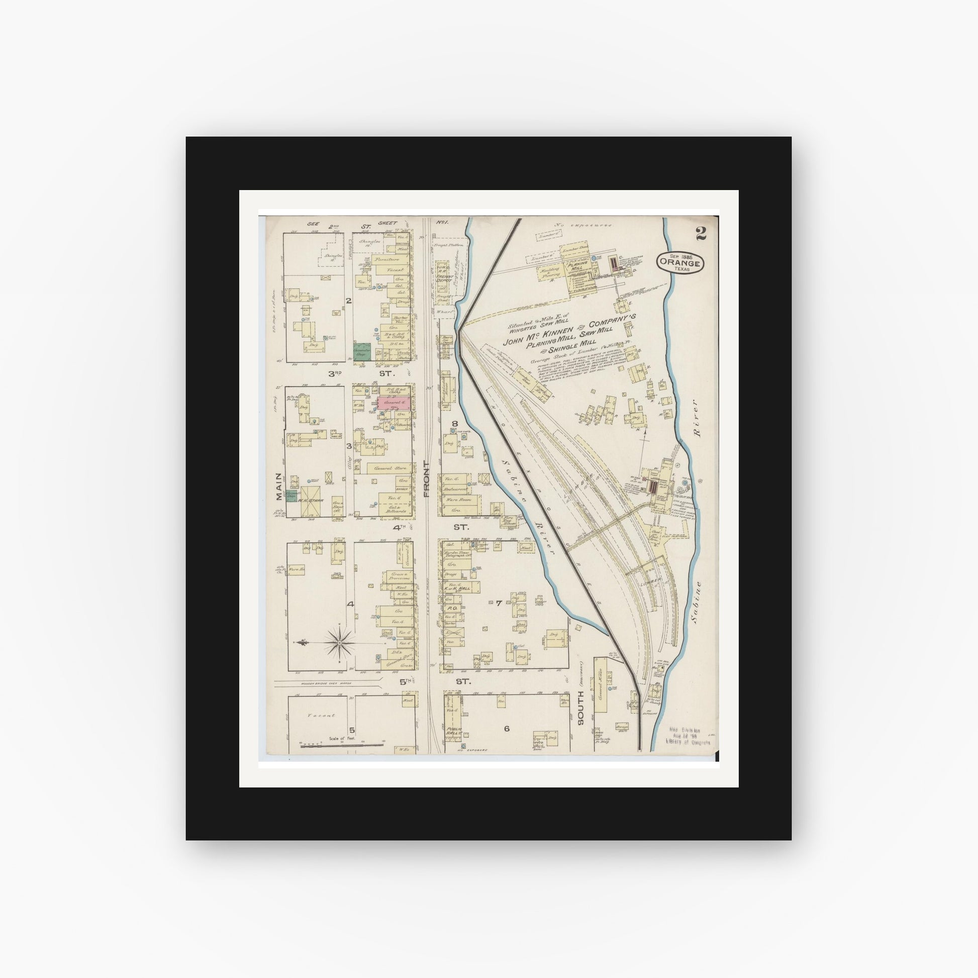 Old map wall art mockup — black gallery frame with white mat — Sanborn Fire Insurance Map from Orange, Orange County, Texas (1885), Sheet #0002