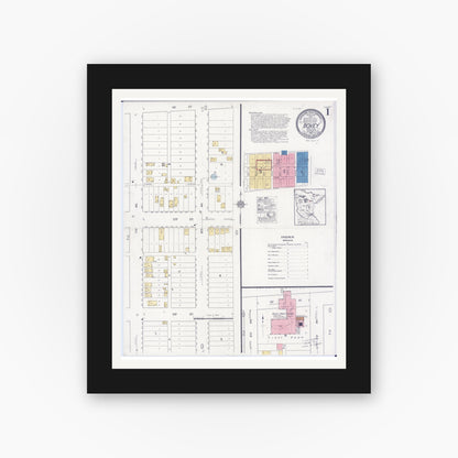 Old map wall art mockup — black gallery frame with white mat — Sanborn Fire Insurance Map from Bovey, Itasca County, Minnesota (1921), Sheet #0001