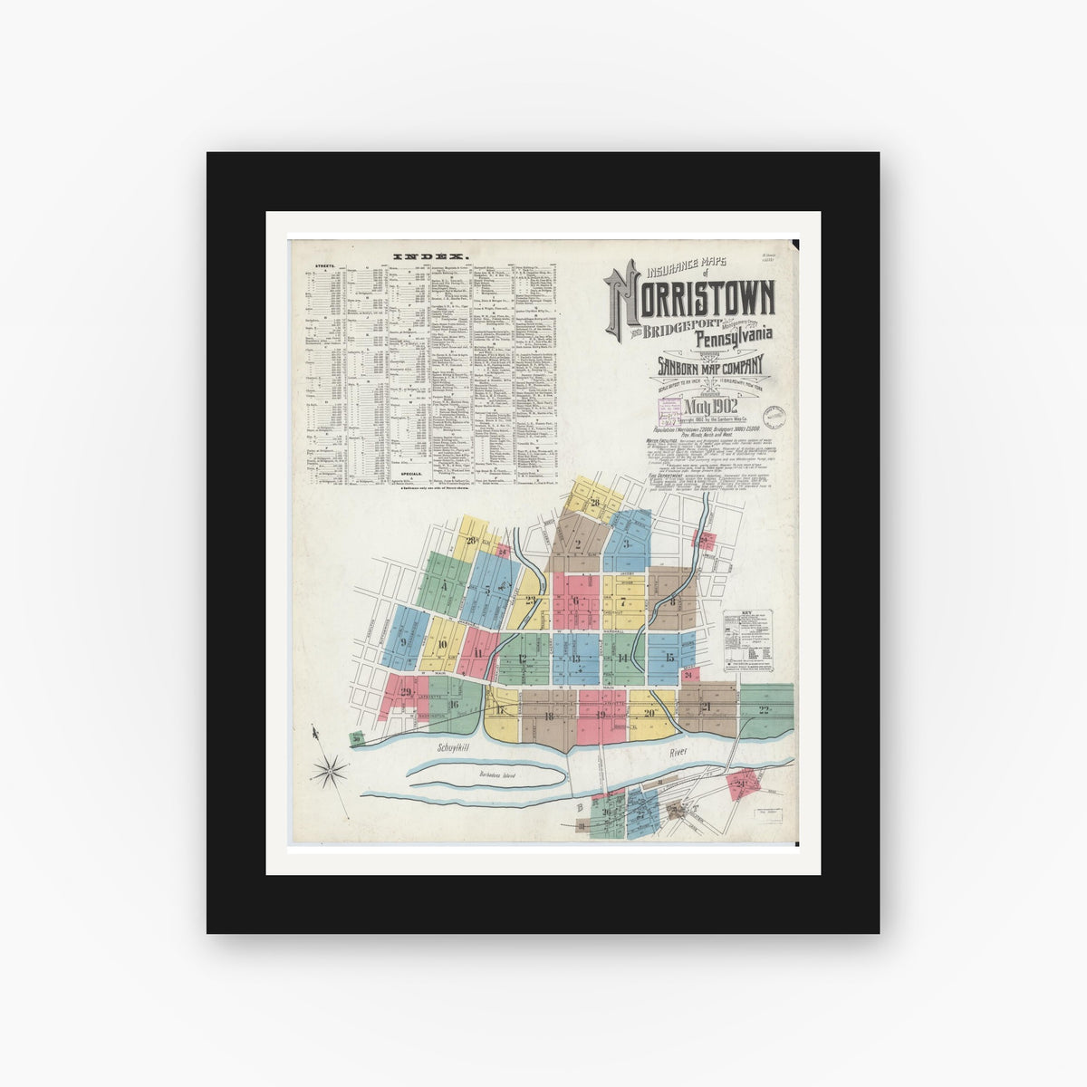 Old map wall art mockup — black gallery frame with white mat — Sanborn Fire Insurance Map from Norristown, Montgomery County, Pennsylvania (1902) - Complete Map Set