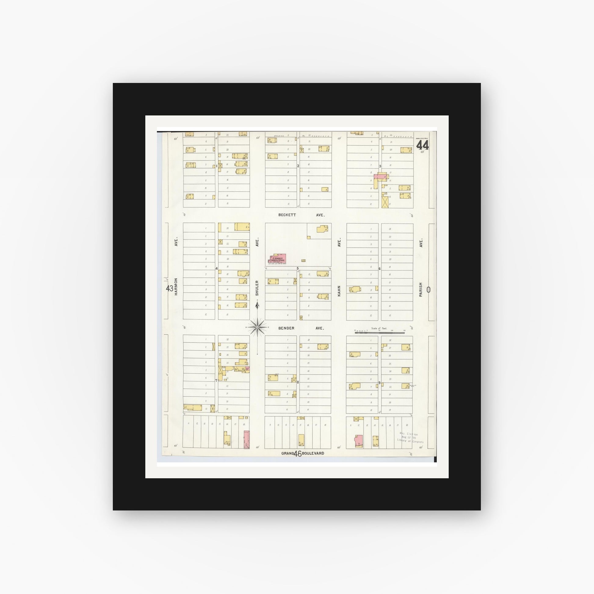 Old map wall art mockup — black gallery frame with white mat — Sanborn Fire Insurance Map from Hamilton, Butler County, Ohio (1899), Sheet #0044