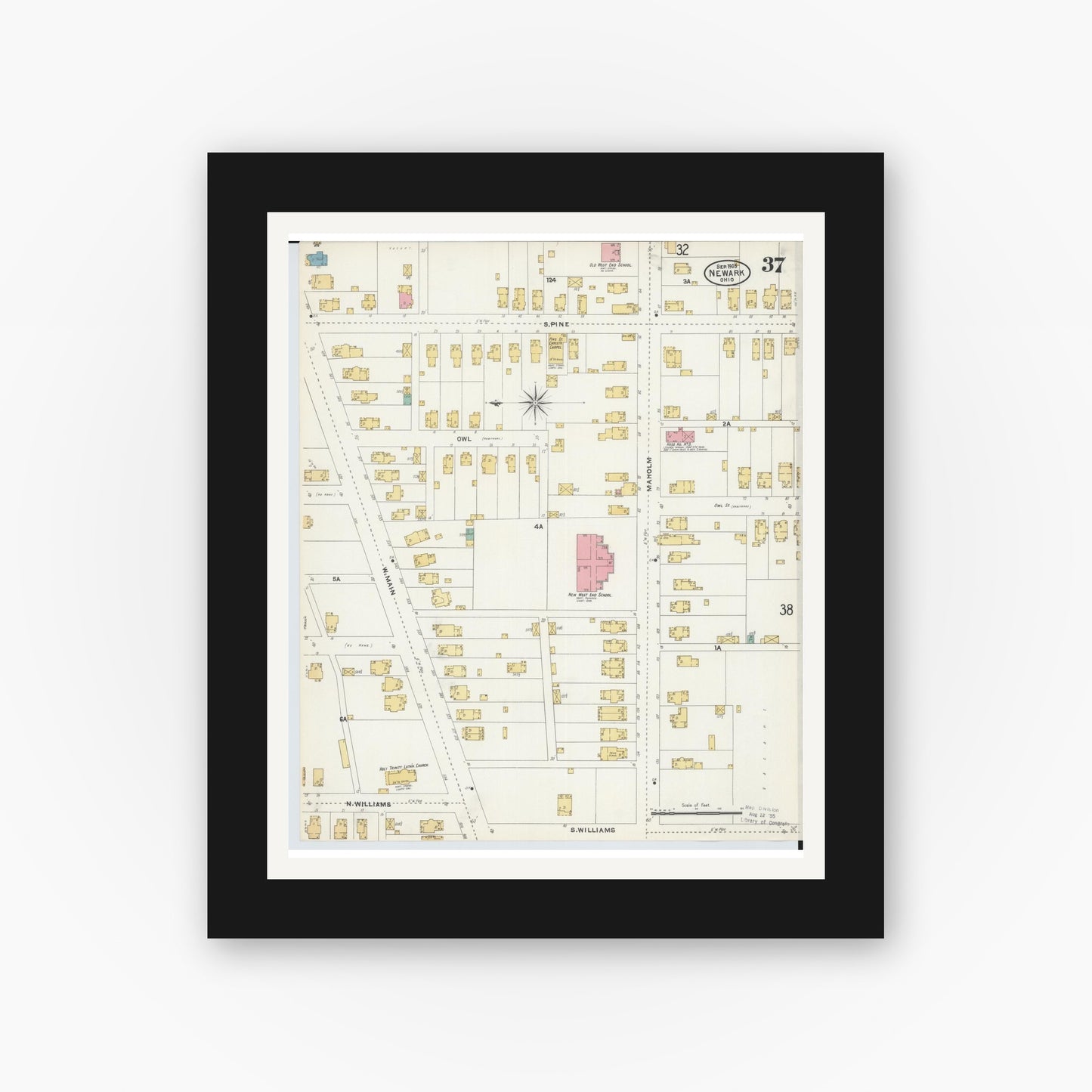 Old map wall art mockup — black gallery frame with white mat — Sanborn Fire Insurance Map from Newark, Licking County, Ohio (1905), Sheet #0037