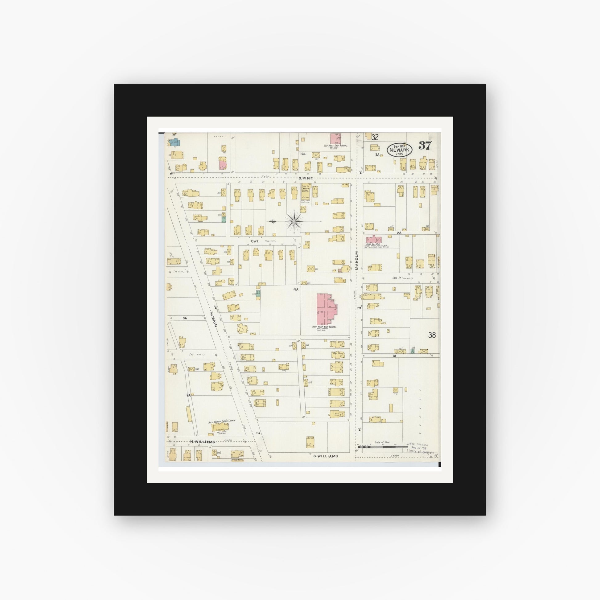 Old map wall art mockup — black gallery frame with white mat — Sanborn Fire Insurance Map from Newark, Licking County, Ohio (1905), Sheet #0037