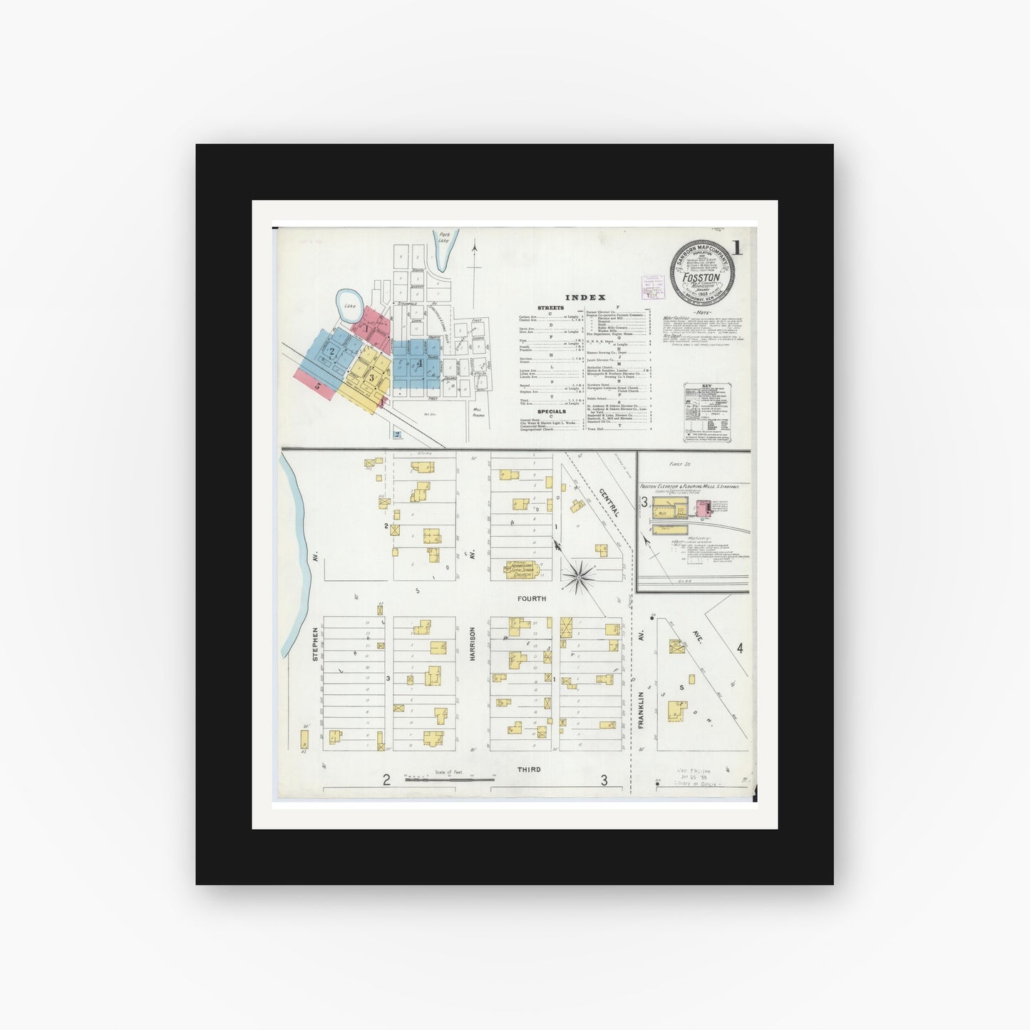 Old map wall art mockup — black gallery frame with white mat — Sanborn Fire Insurance Map from Fosston, Polk County, Minnesota (1905), Sheet #0001