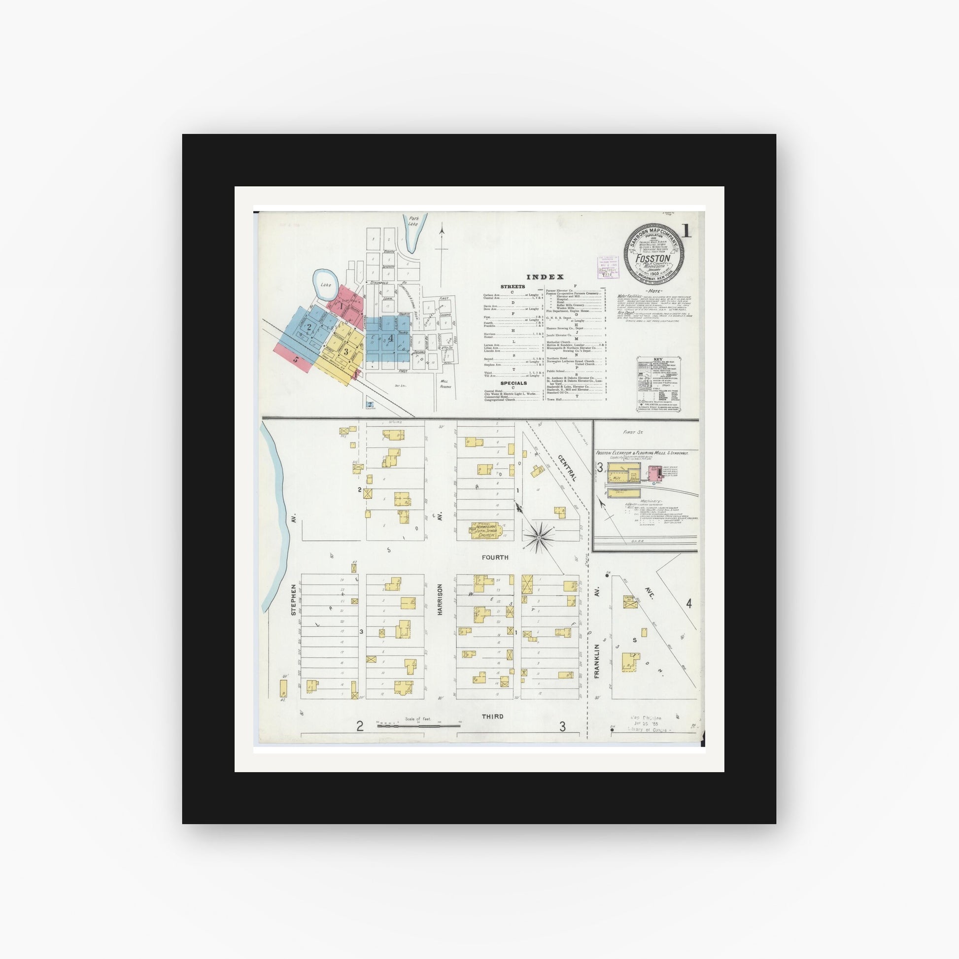 Old map wall art mockup — black gallery frame with white mat — Sanborn Fire Insurance Map from Fosston, Polk County, Minnesota (1905), Sheet #0001