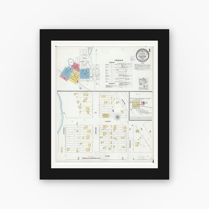 Old map wall art mockup — black gallery frame with white mat — Sanborn Fire Insurance Map from Fosston, Polk County, Minnesota (1905), Sheet #0001
