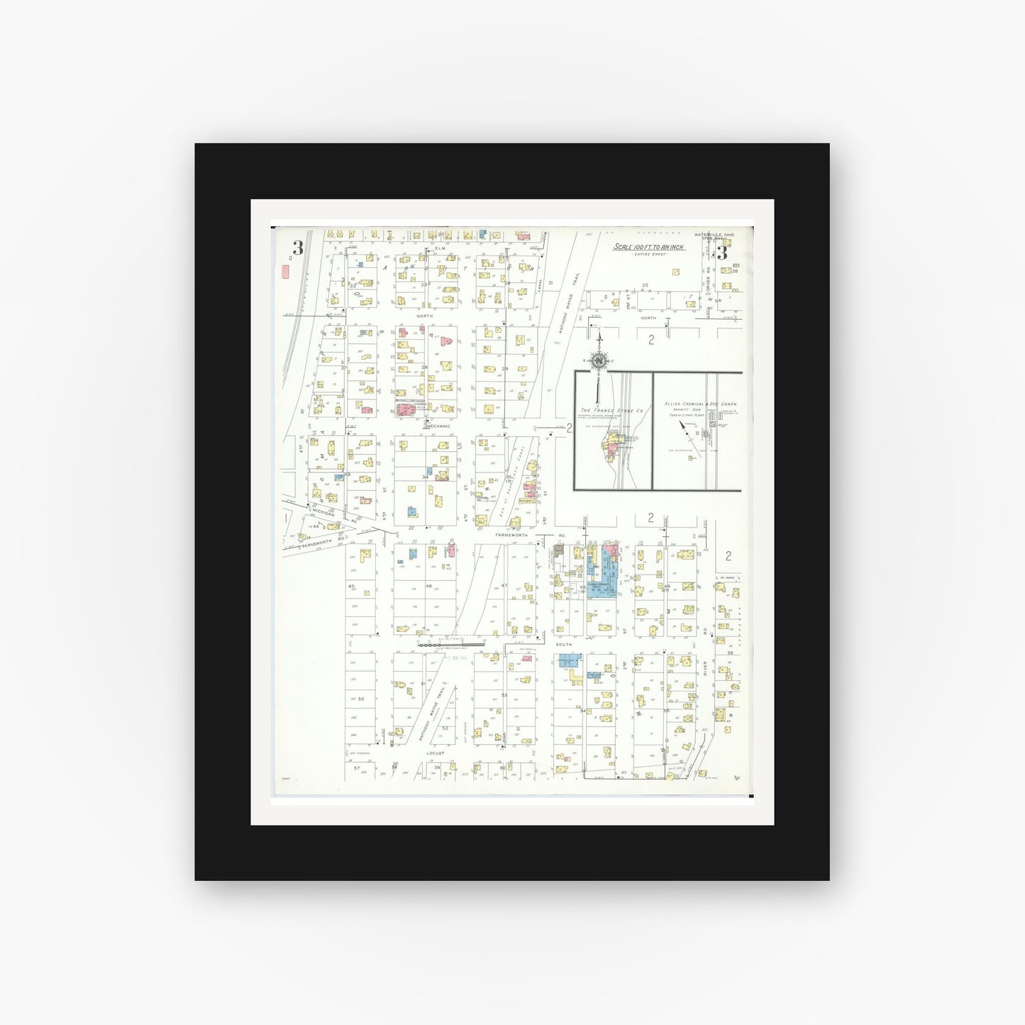 Old map wall art mockup — black gallery frame with white mat — Sanborn Fire Insurance Map from Waterville, Lucas County, Ohio (1944), Sheet #0003