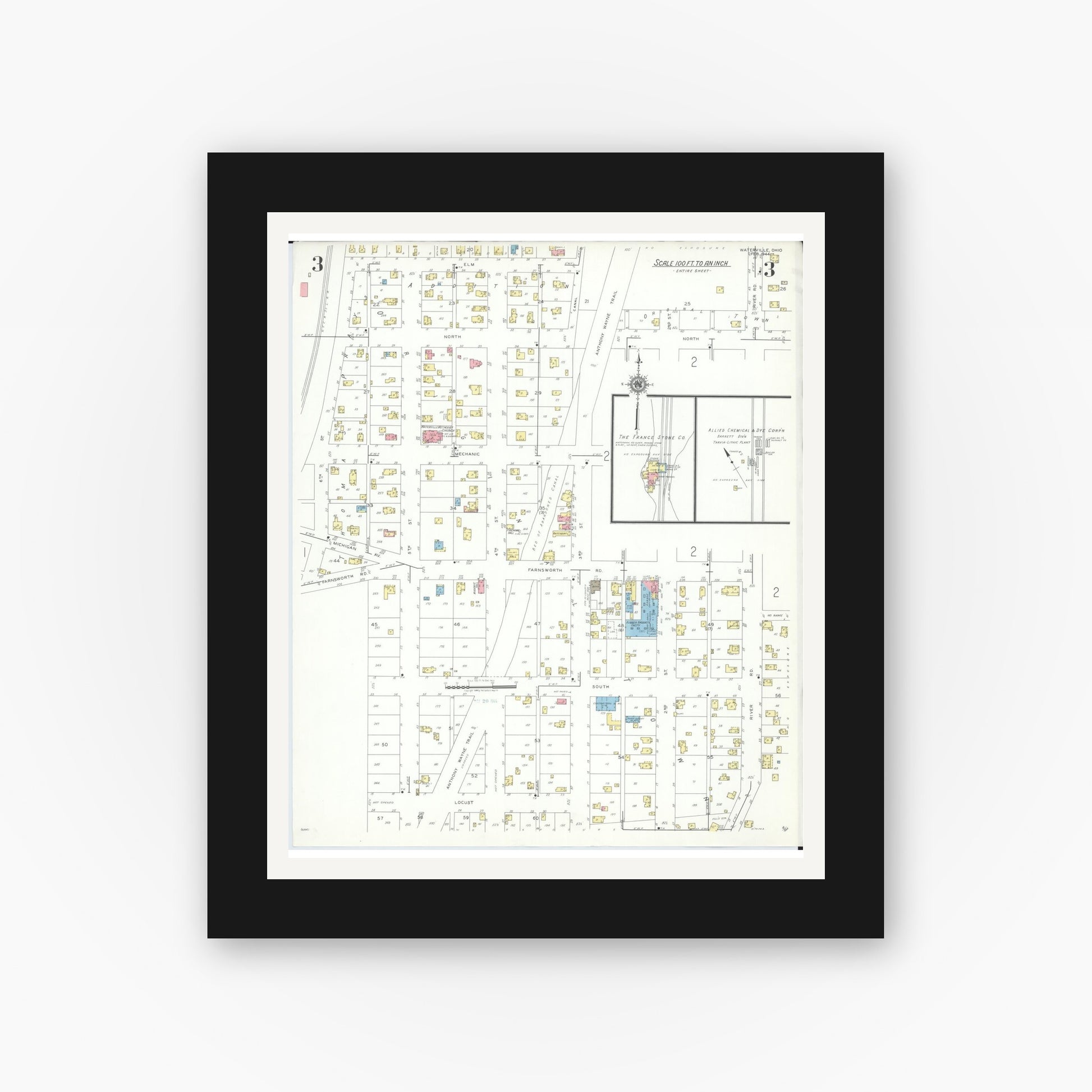 Old map wall art mockup — black gallery frame with white mat — Sanborn Fire Insurance Map from Waterville, Lucas County, Ohio (1944), Sheet #0003