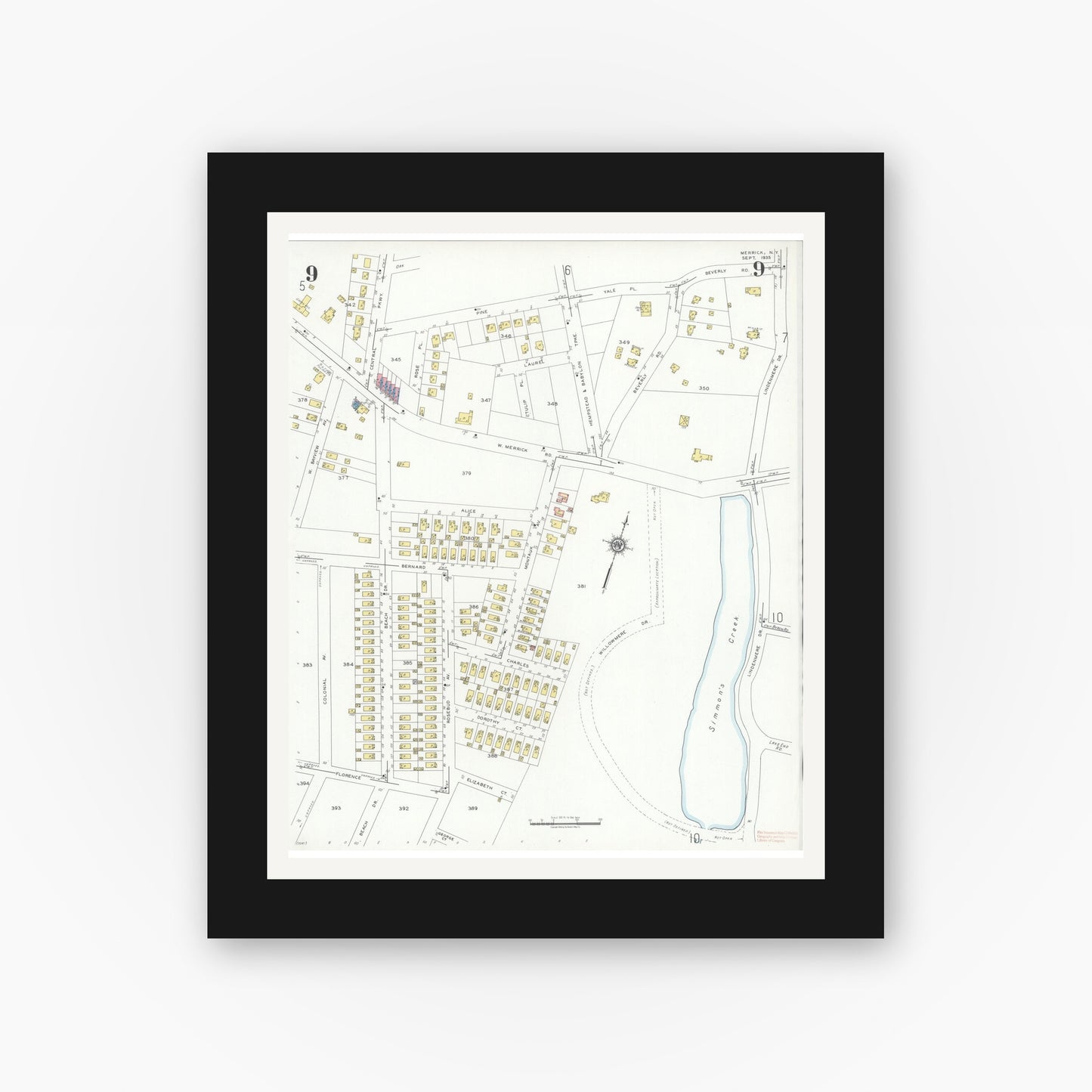 Old map wall art mockup — black gallery frame with white mat — Sanborn Fire Insurance Map from Merrick, Nassau County, New York (1935), Sheet #0009