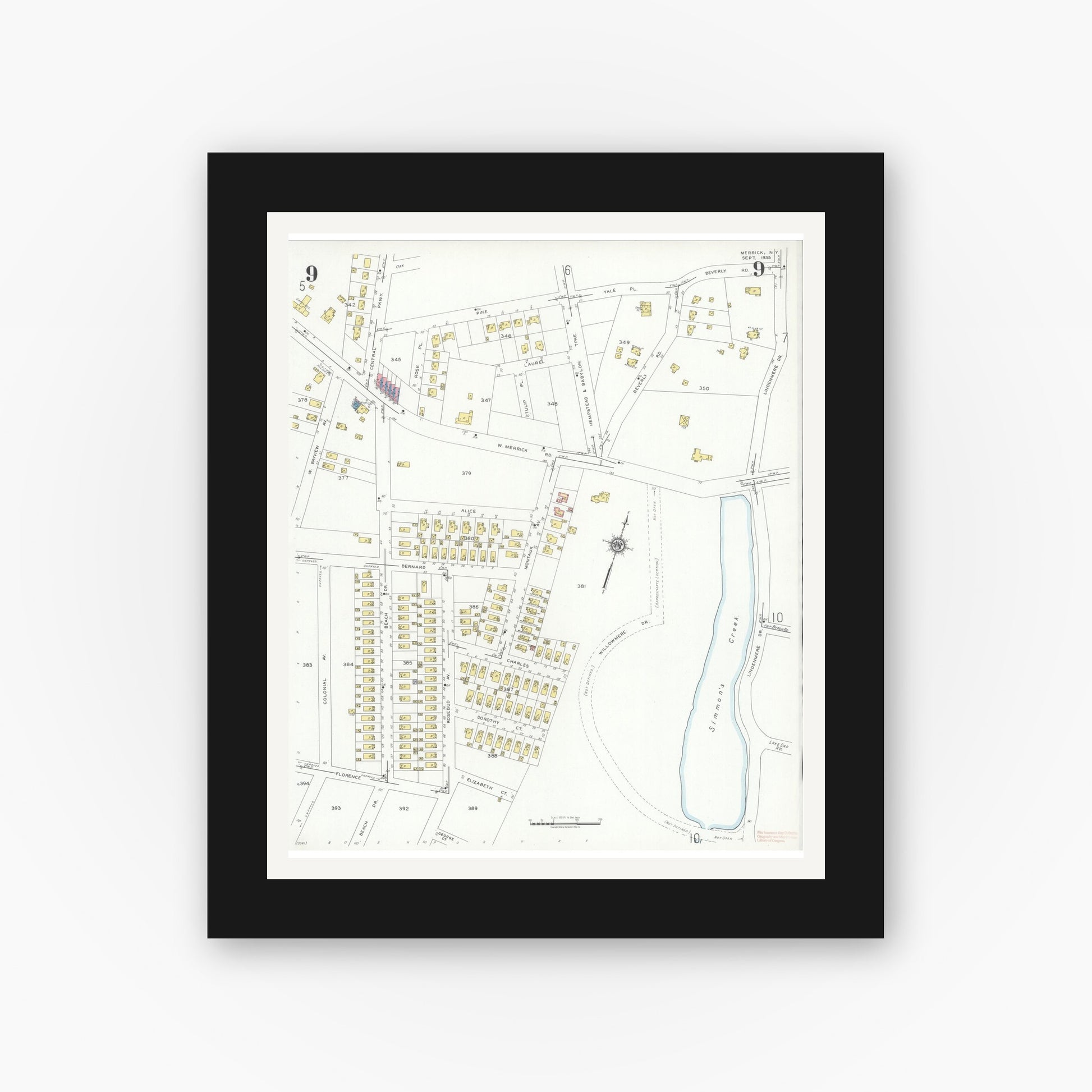 Old map wall art mockup — black gallery frame with white mat — Sanborn Fire Insurance Map from Merrick, Nassau County, New York (1935), Sheet #0009