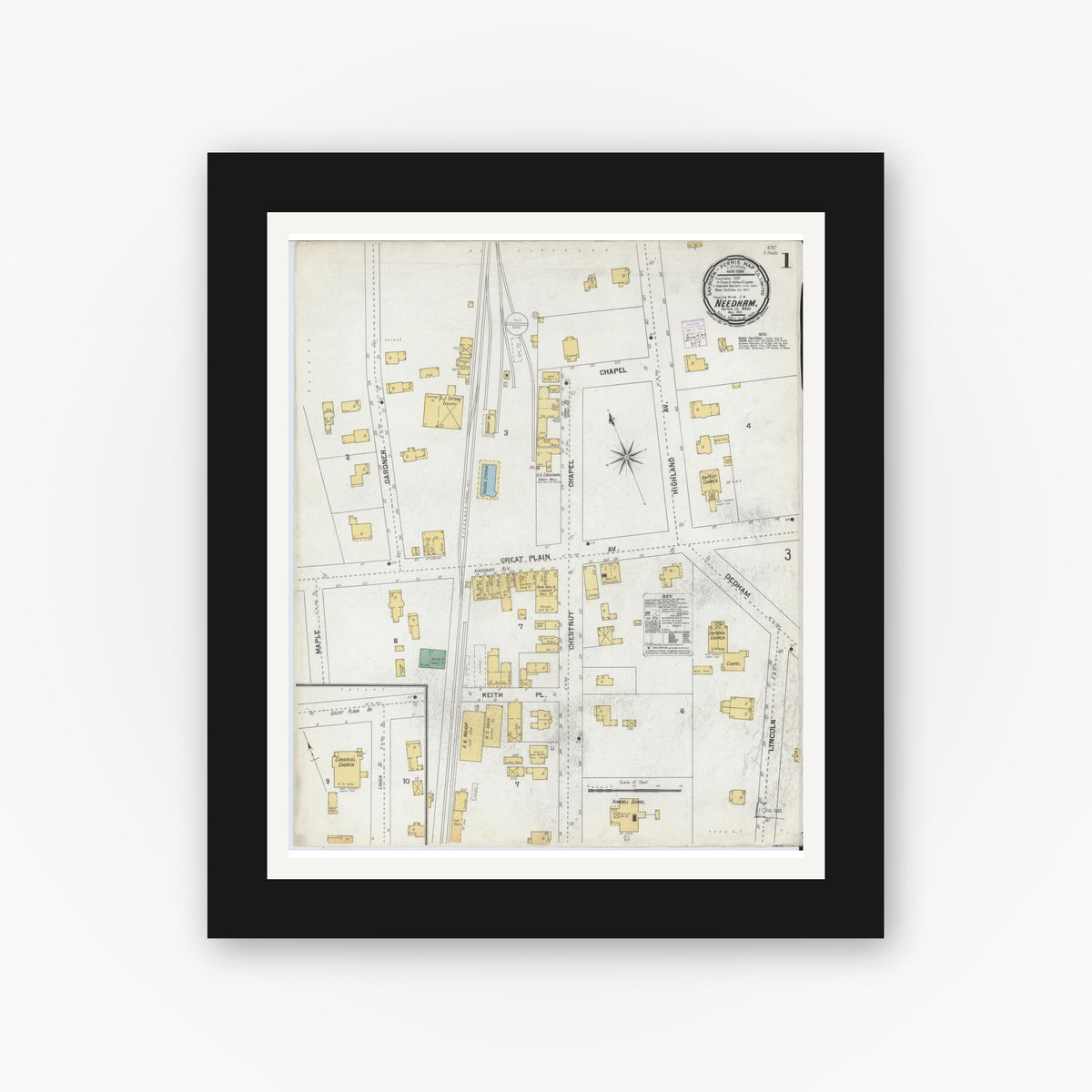 Old map wall art mockup — black gallery frame with white mat — Sanborn Fire Insurance Map from Needham, Norfolk County, Massachusetts (1901), Sheet #0001