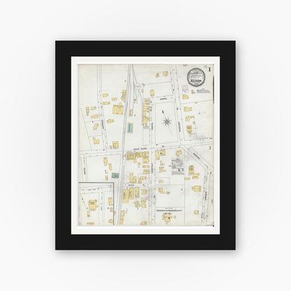 Old map wall art mockup — black gallery frame with white mat — Sanborn Fire Insurance Map from Needham, Norfolk County, Massachusetts (1901), Sheet #0001